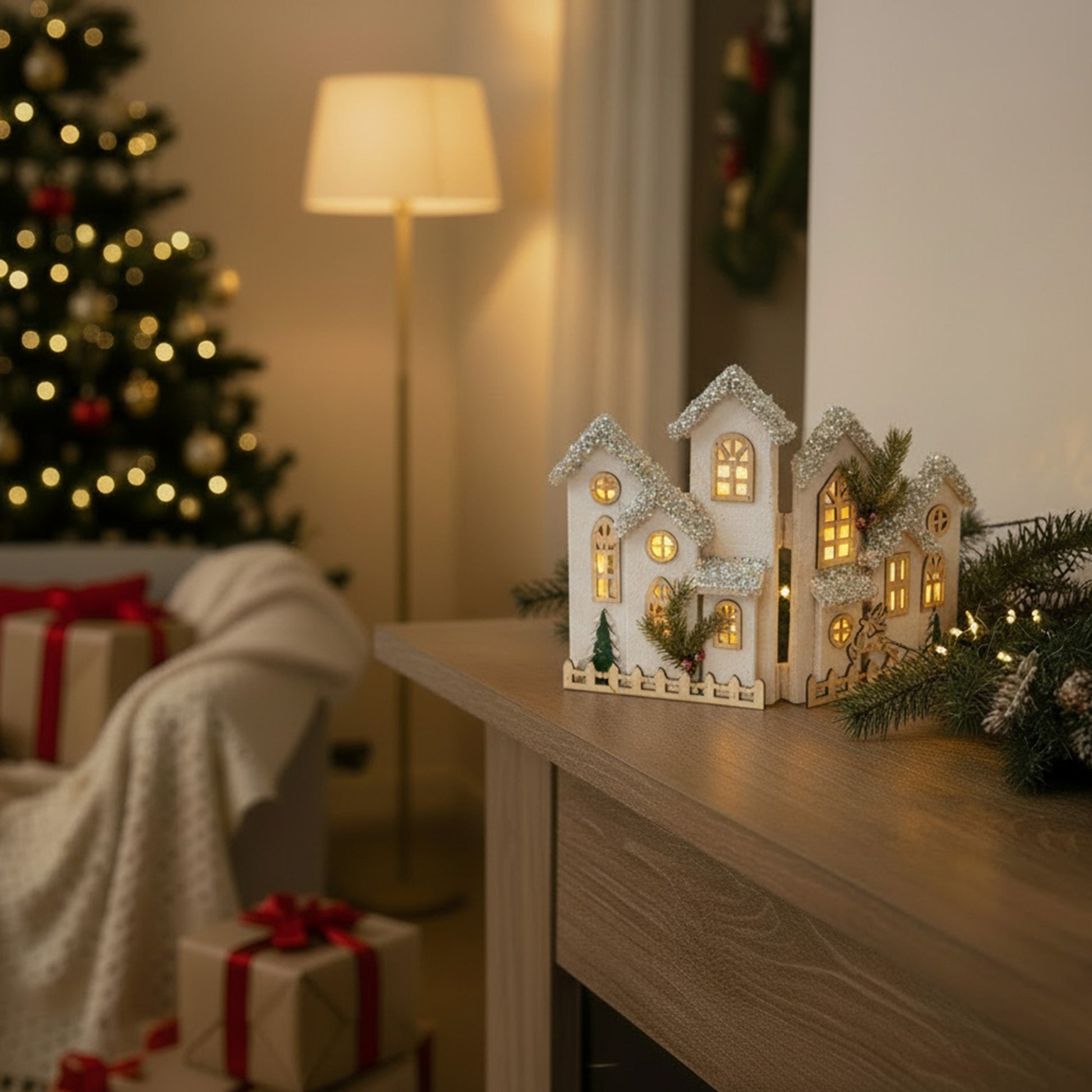 LED Snow Covered Foldable White Wooden Village 12.2"h, Winter, Village Decor, Holiday Decor