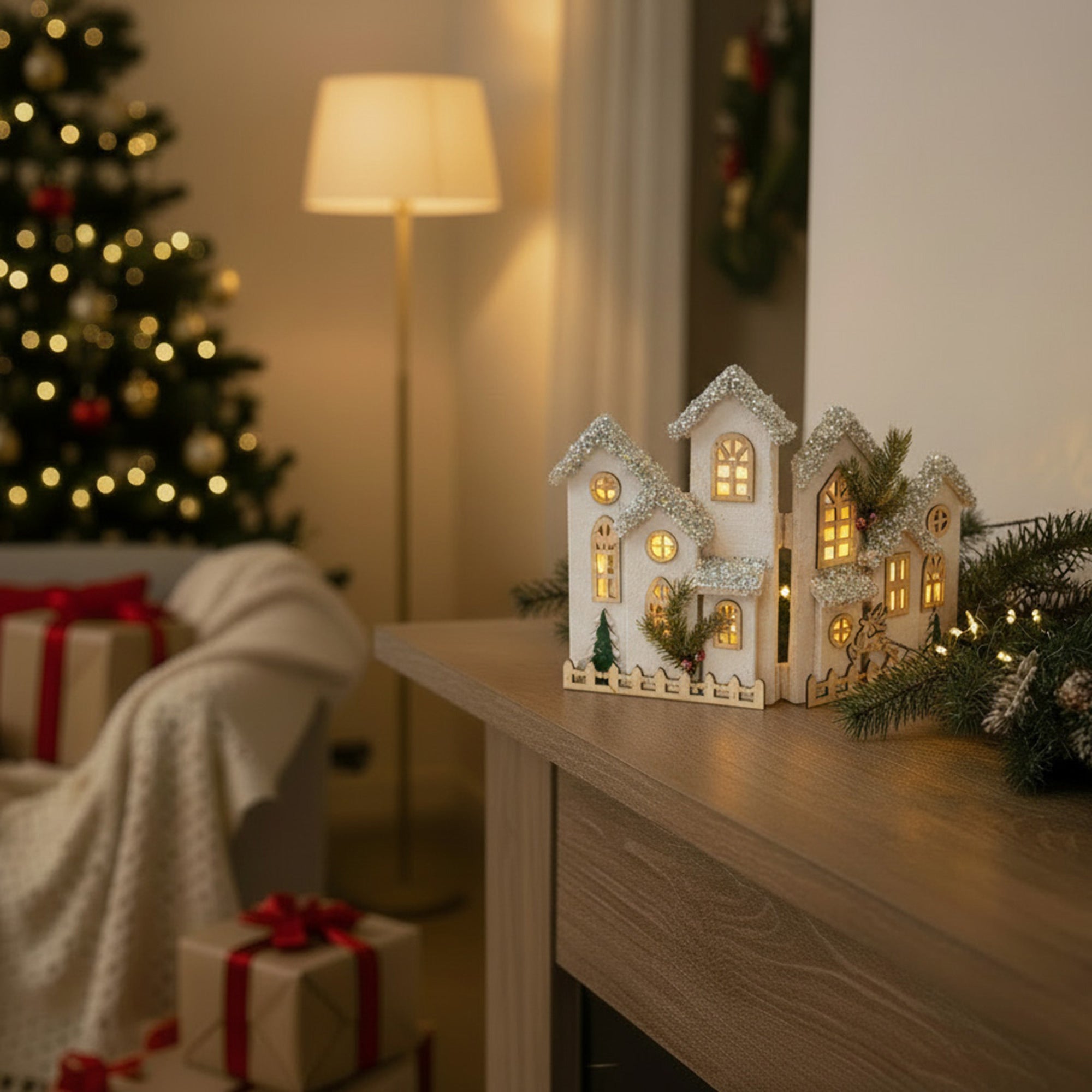 LED Snow Covered Foldable White Wooden Village 12.2"h, Winter, Village Decor, Holiday Decor
