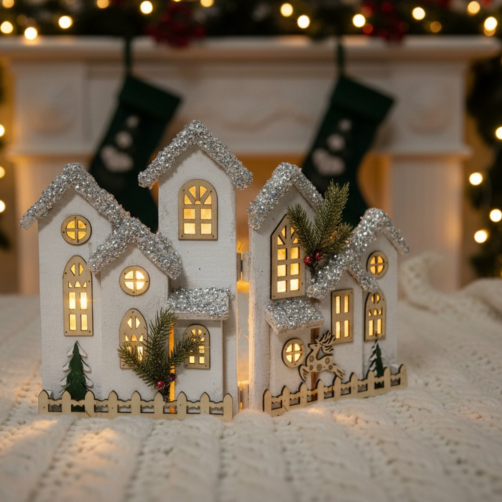 LED Snow Covered Foldable White Wooden Village 12.2"h, Winter, Village Decor, Holiday Decor