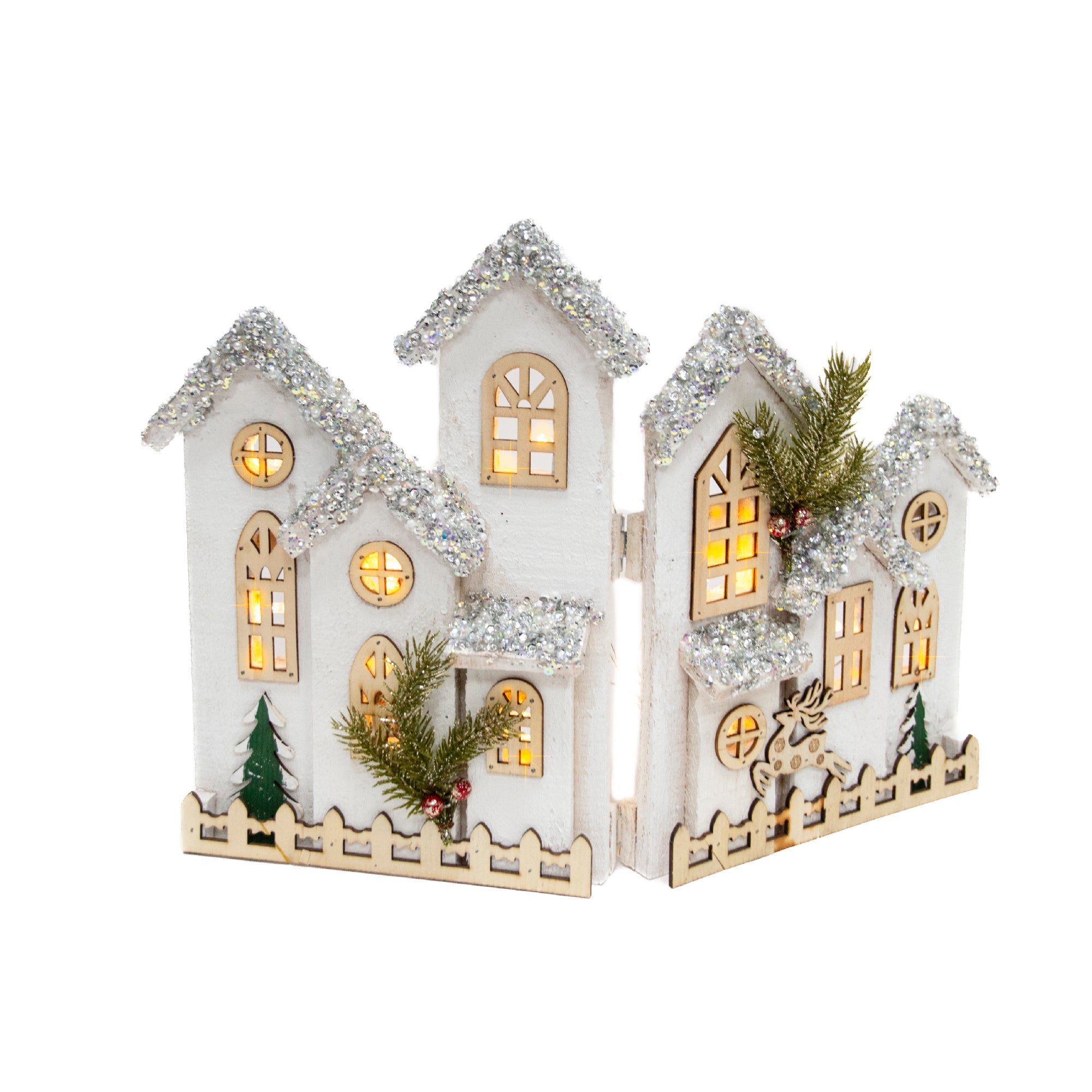 LED Snow Covered Foldable White Wooden Village 12.2"h, Winter, Village Decor, Holiday Decor