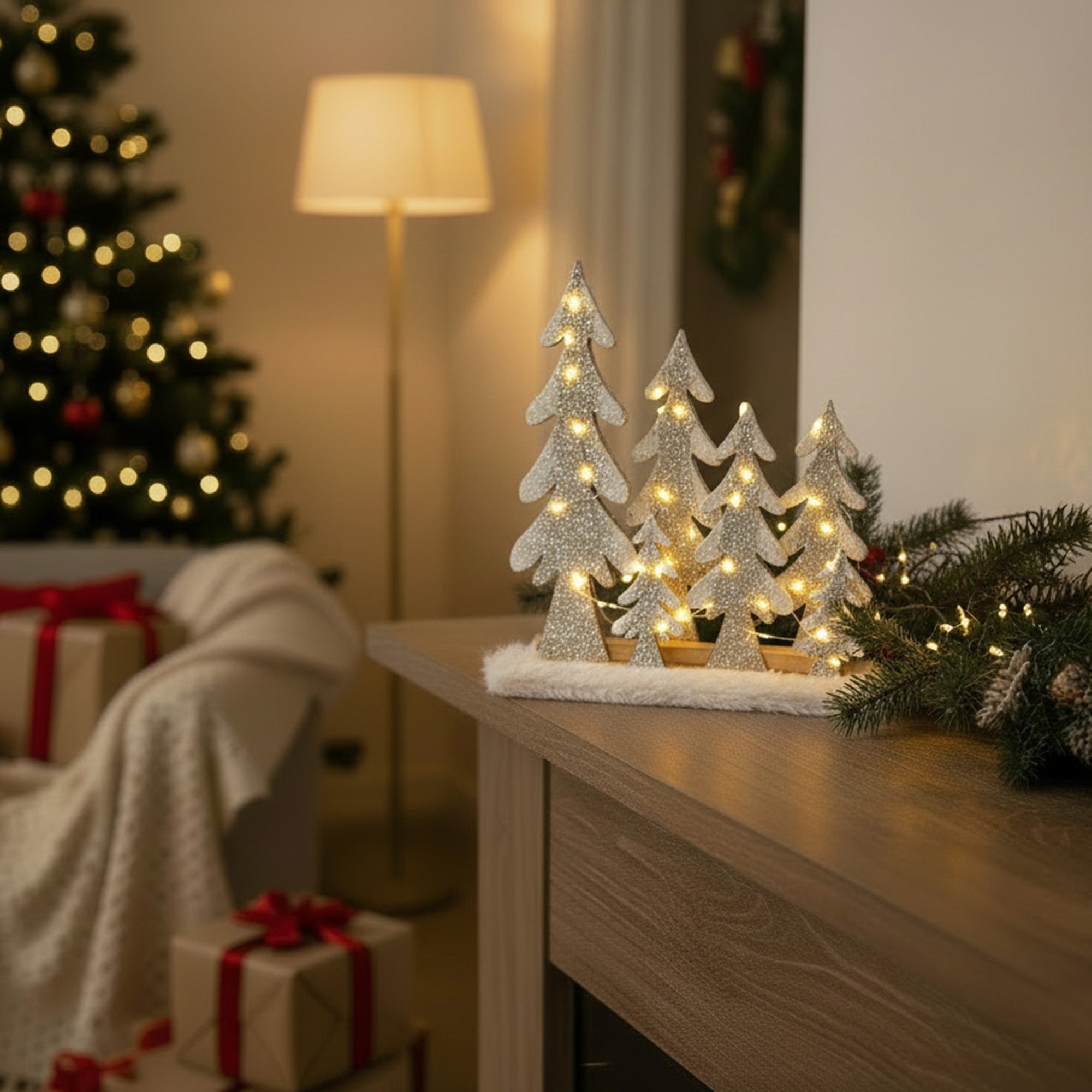 LED Snow Covered White Trees 12.2", Winter, Holiday Decor