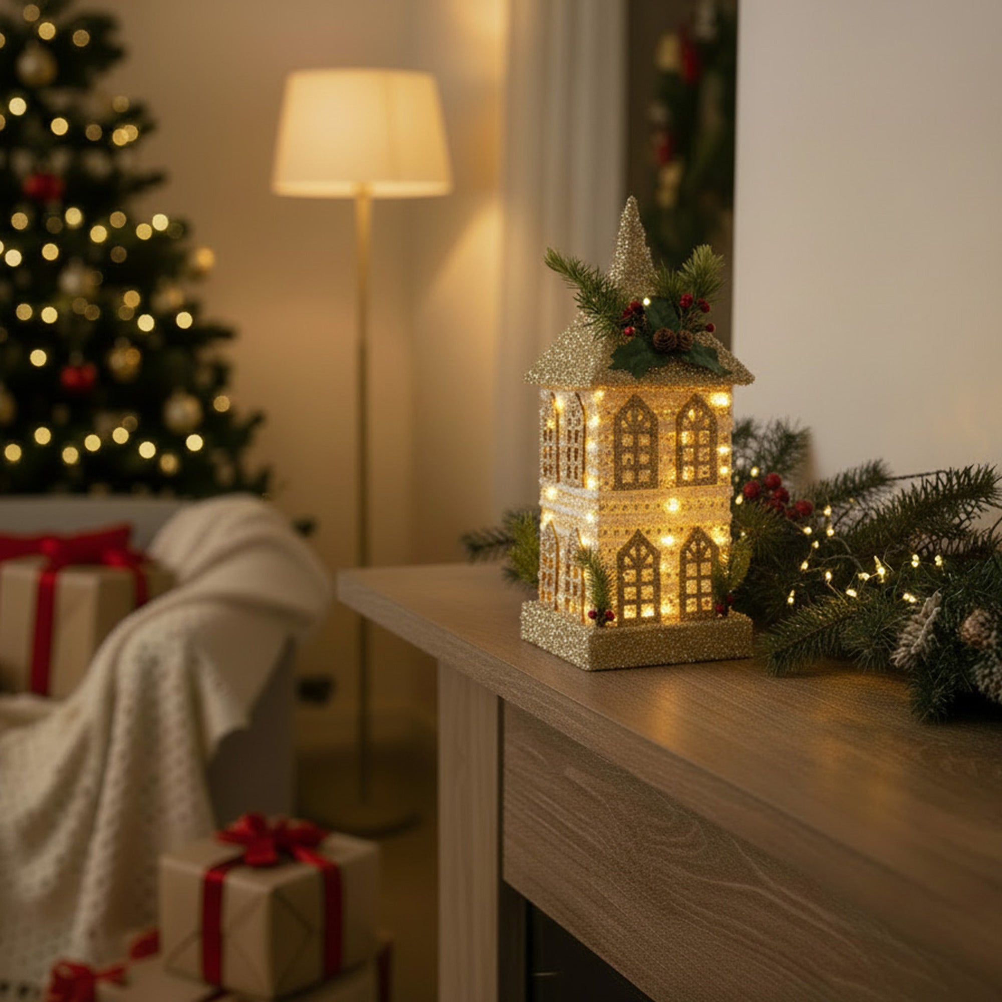 LED Silver Tinsel 3D Townhouse with Timer, Tinsel Decor, Holiday Decor