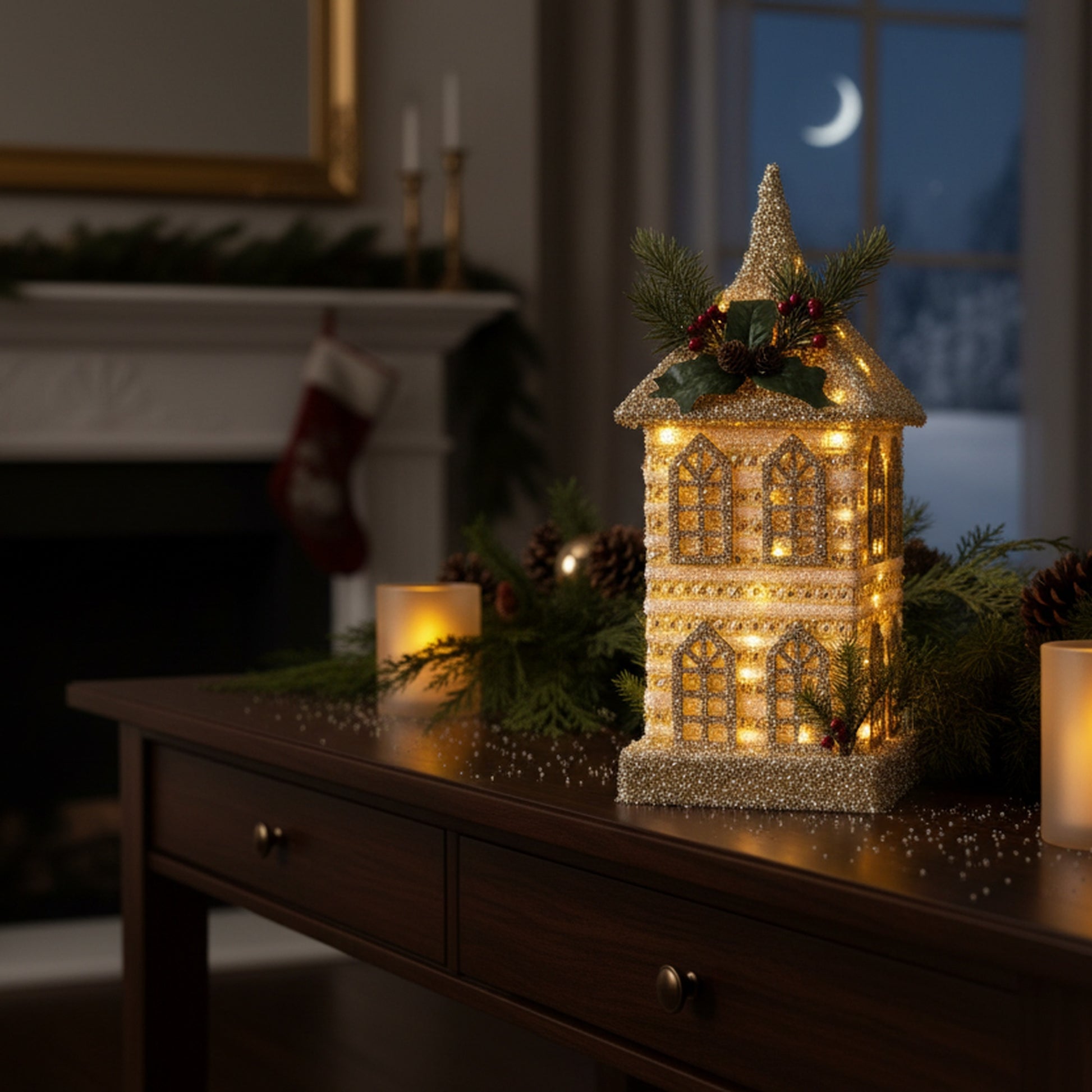 LED Silver Tinsel 3D Townhouse with Timer, Tinsel Decor, Holiday Decor