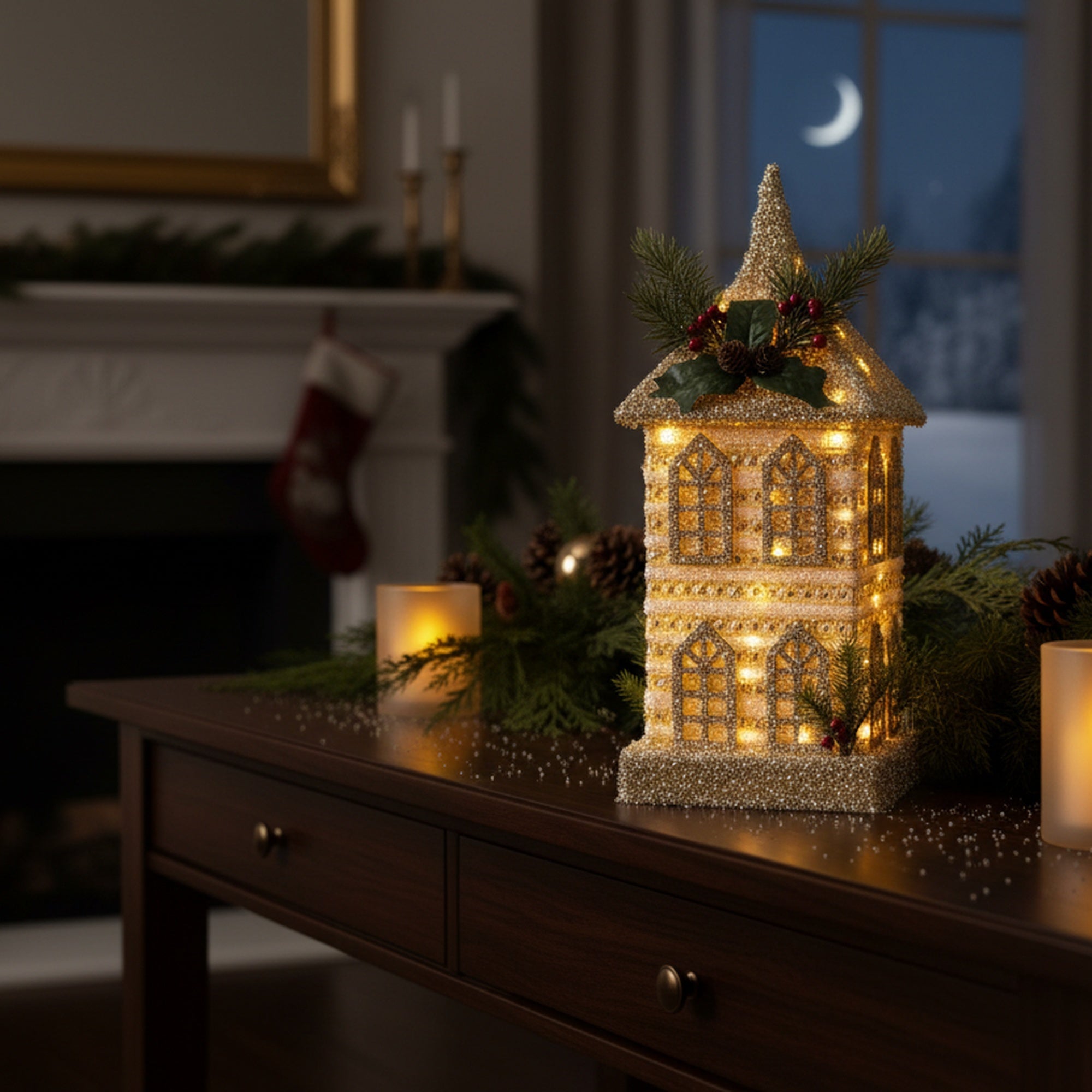 LED Silver Tinsel 3D Townhouse with Timer, Tinsel Decor, Holiday Decor