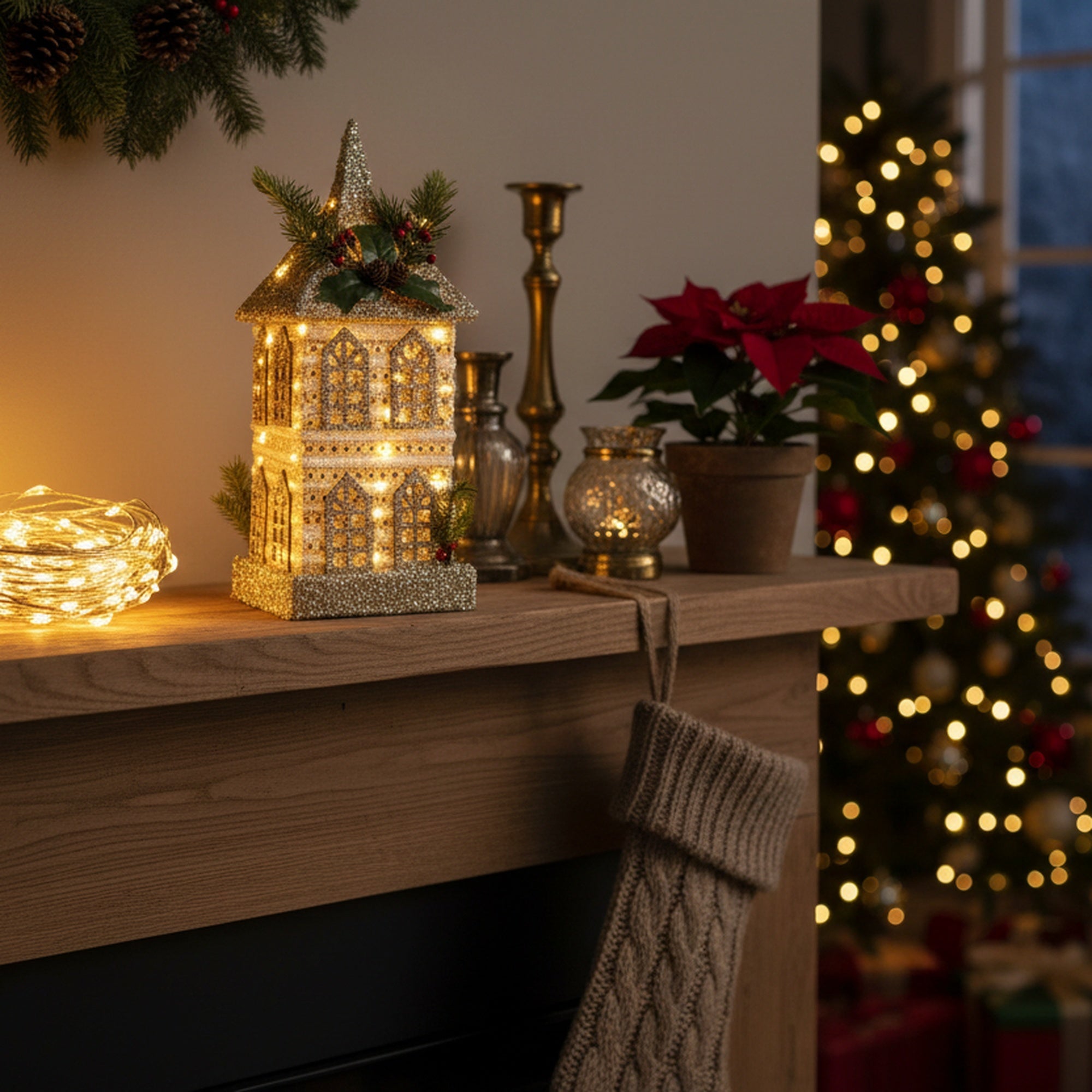 LED Silver Tinsel 3D Townhouse with Timer, Tinsel Decor, Holiday Decor