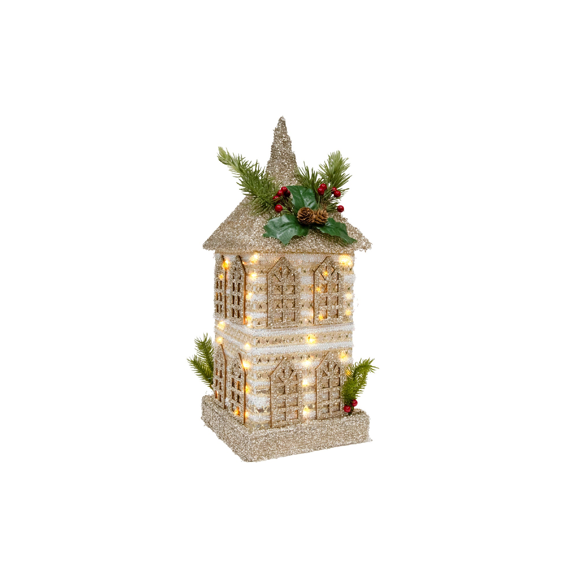 LED Silver Tinsel 3D Townhouse with Timer, Tinsel Decor, Holiday Decor