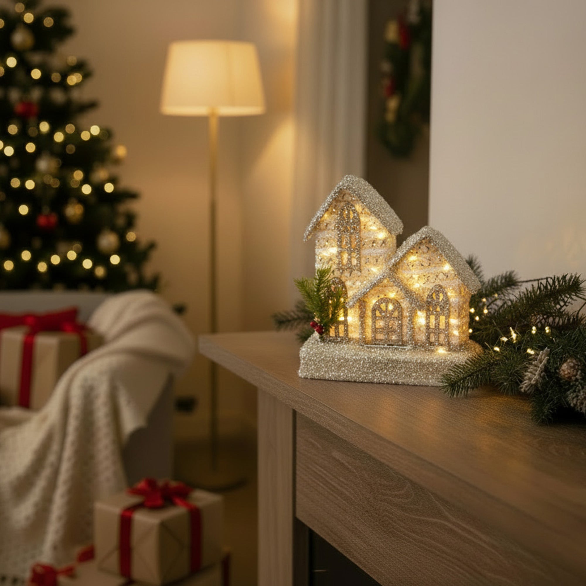 LED Silver Tinsel 3D Cottage with Timer, Tinsel Decor, Holiday Decor