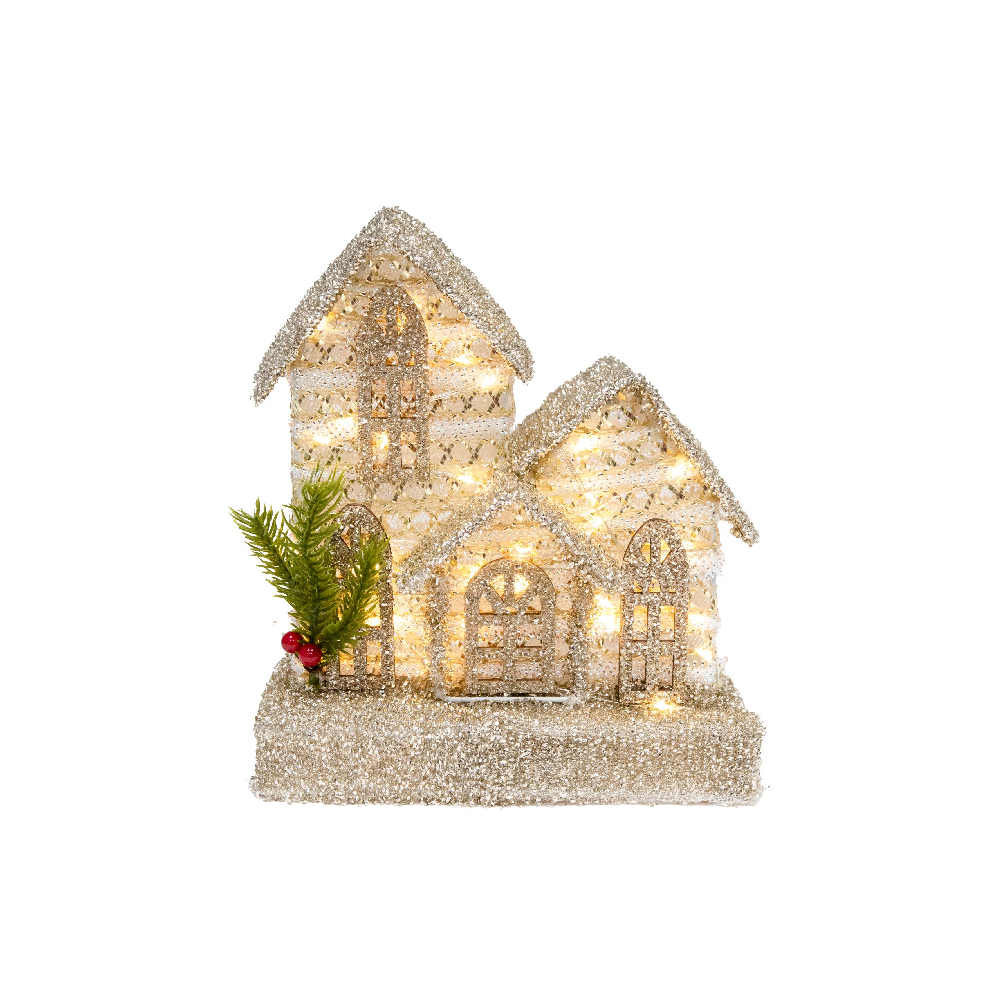 LED Silver Tinsel 3D Cottage with Timer, Tinsel Decor, Holiday Decor