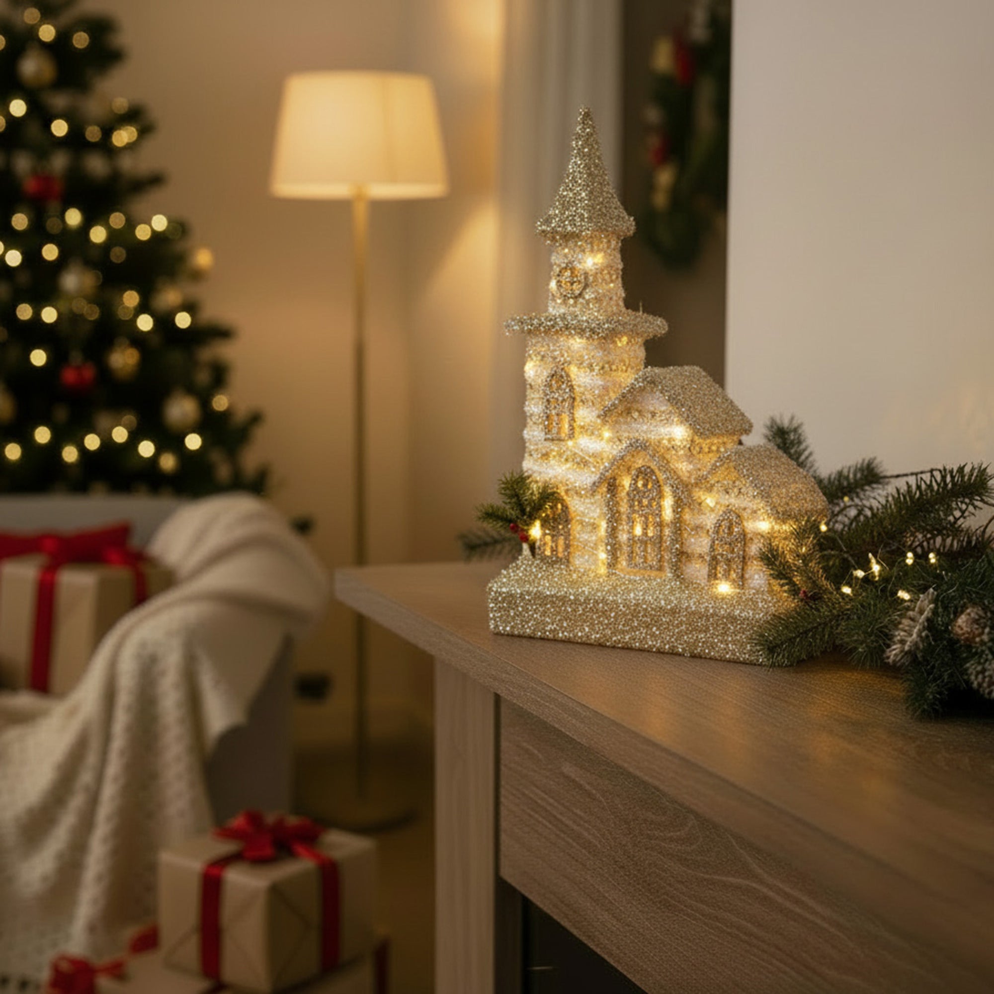 LED Silver Tinsel 3D Cathedral with Timer, Tinsel Decor, Holiday Decor