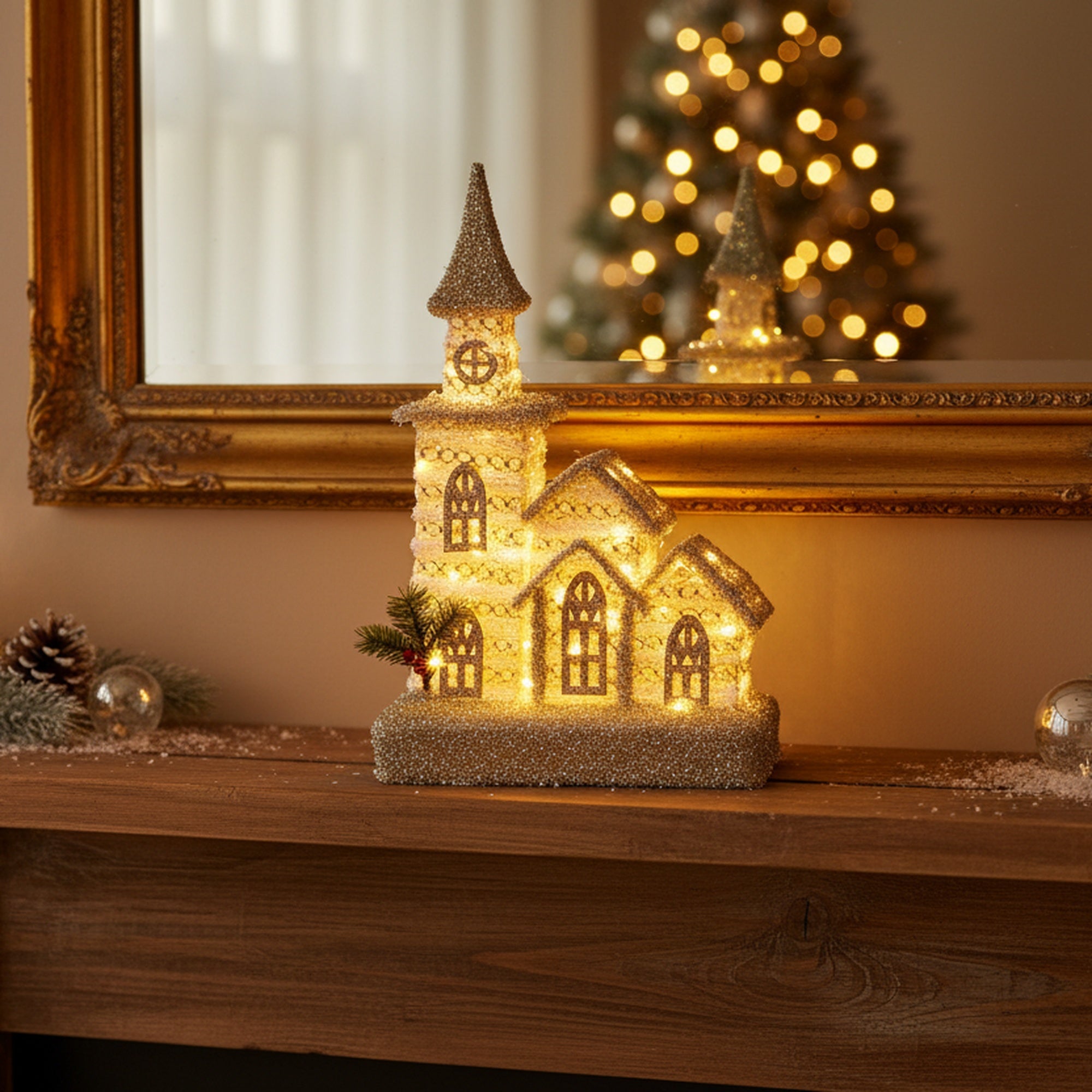 LED Silver Tinsel 3D Cathedral with Timer, Tinsel Decor, Holiday Decor