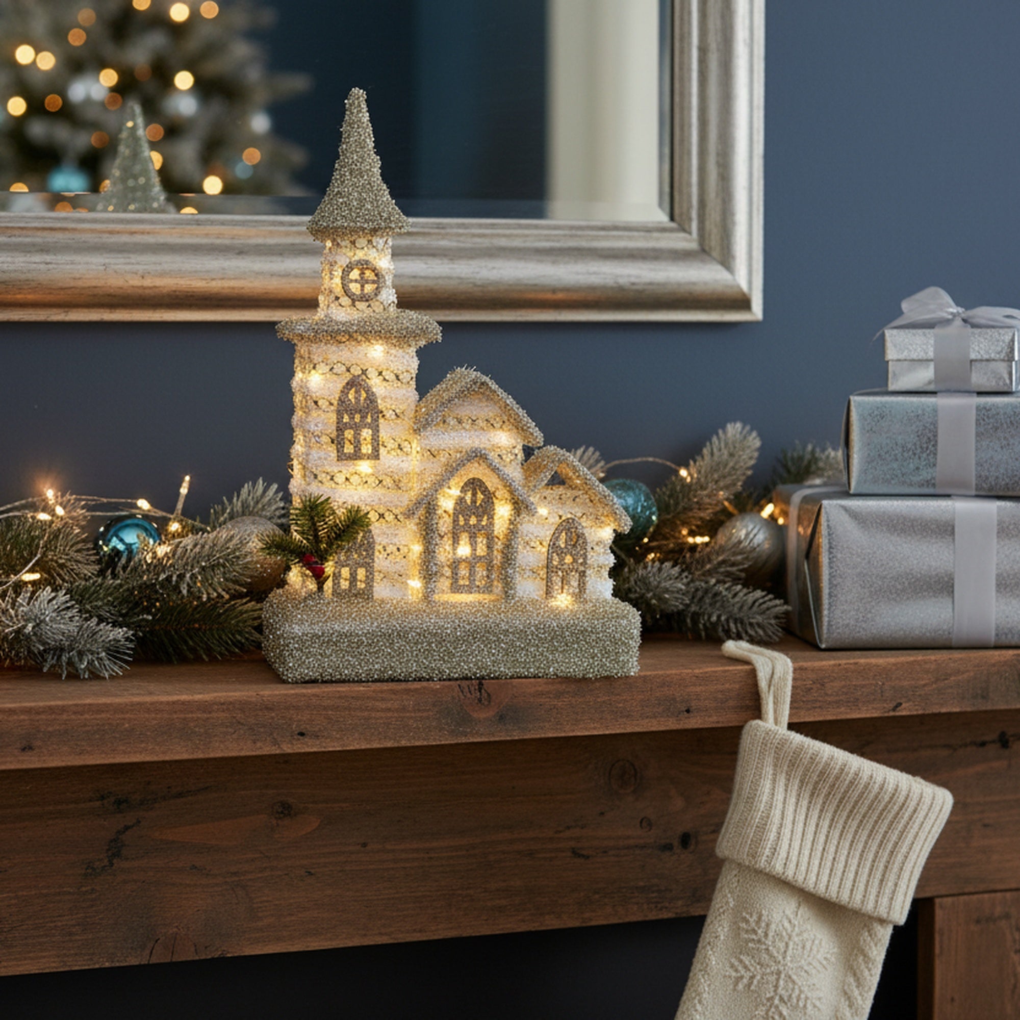 LED Silver Tinsel 3D Cathedral with Timer, Tinsel Decor, Holiday Decor