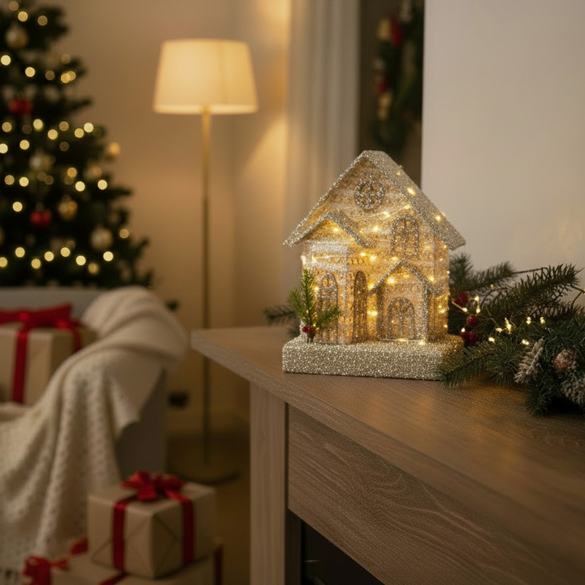 LED Silver Tinsel 3D Victorian House with Timer, Tinsel Decor, Holiday Decor