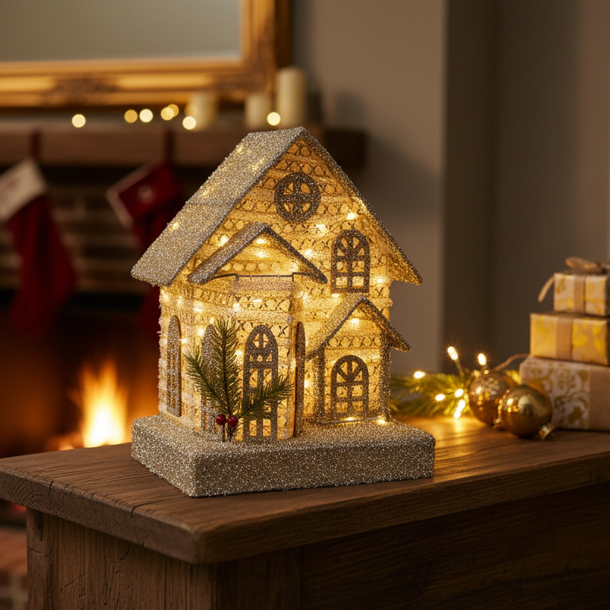 LED Silver Tinsel 3D Victorian House with Timer, Tinsel Decor, Holiday Decor