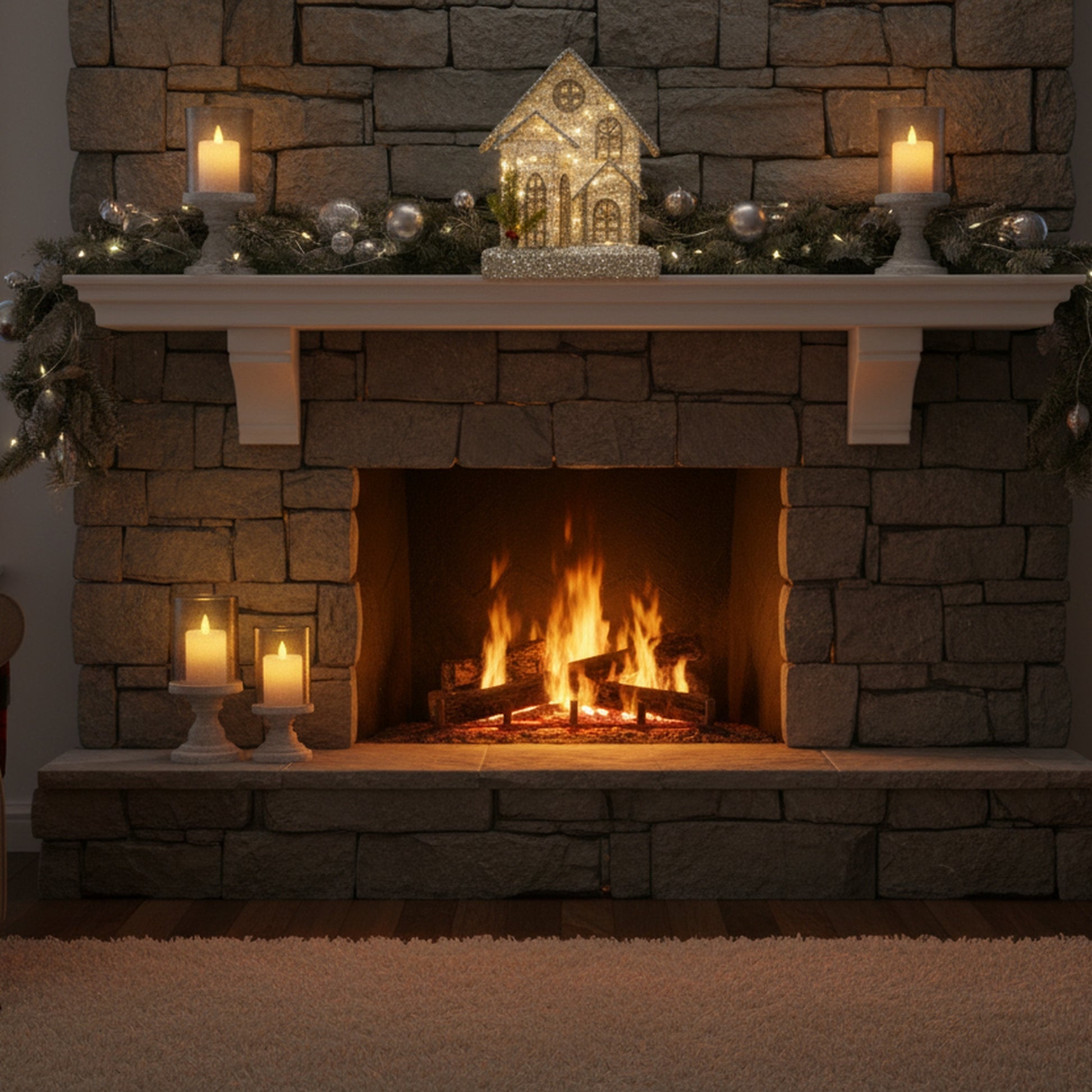 LED Silver Tinsel 3D Victorian House with Timer, Tinsel Decor, Holiday Decor