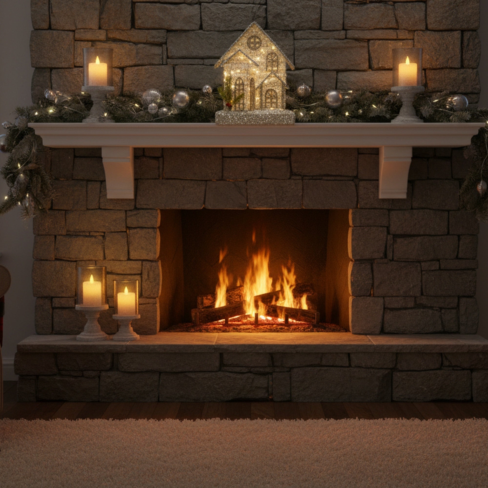 LED Silver Tinsel 3D Victorian House with Timer, Tinsel Decor, Holiday Decor