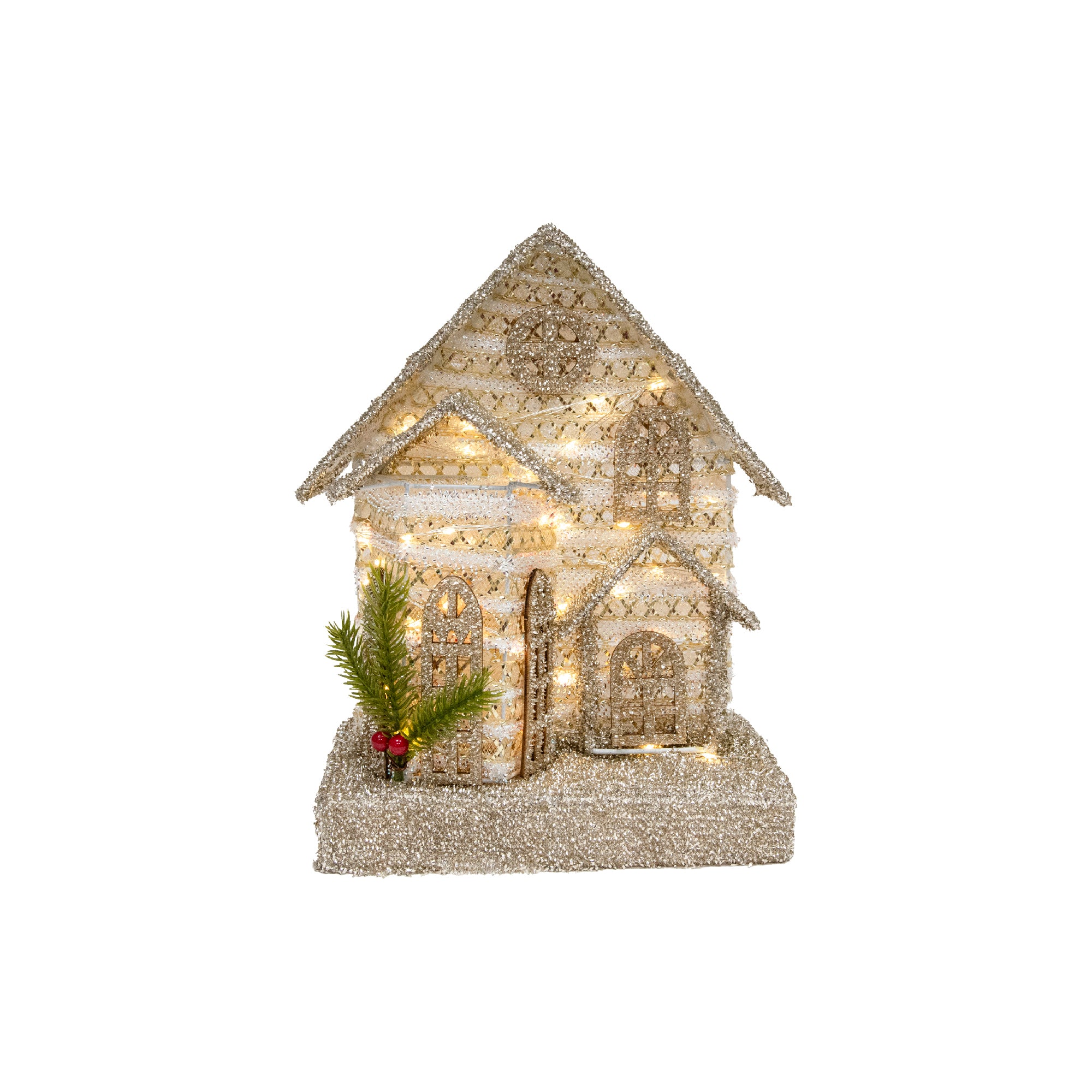 LED Silver Tinsel 3D Victorian House with Timer, Tinsel Decor, Holiday Decor