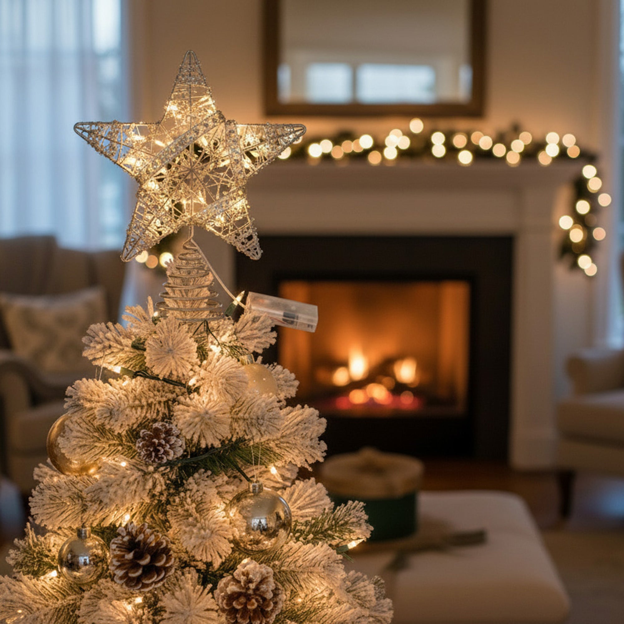 LED Silver Tinsel Star Tree Topper 14", Tinsel Decor, Holiday Decor
