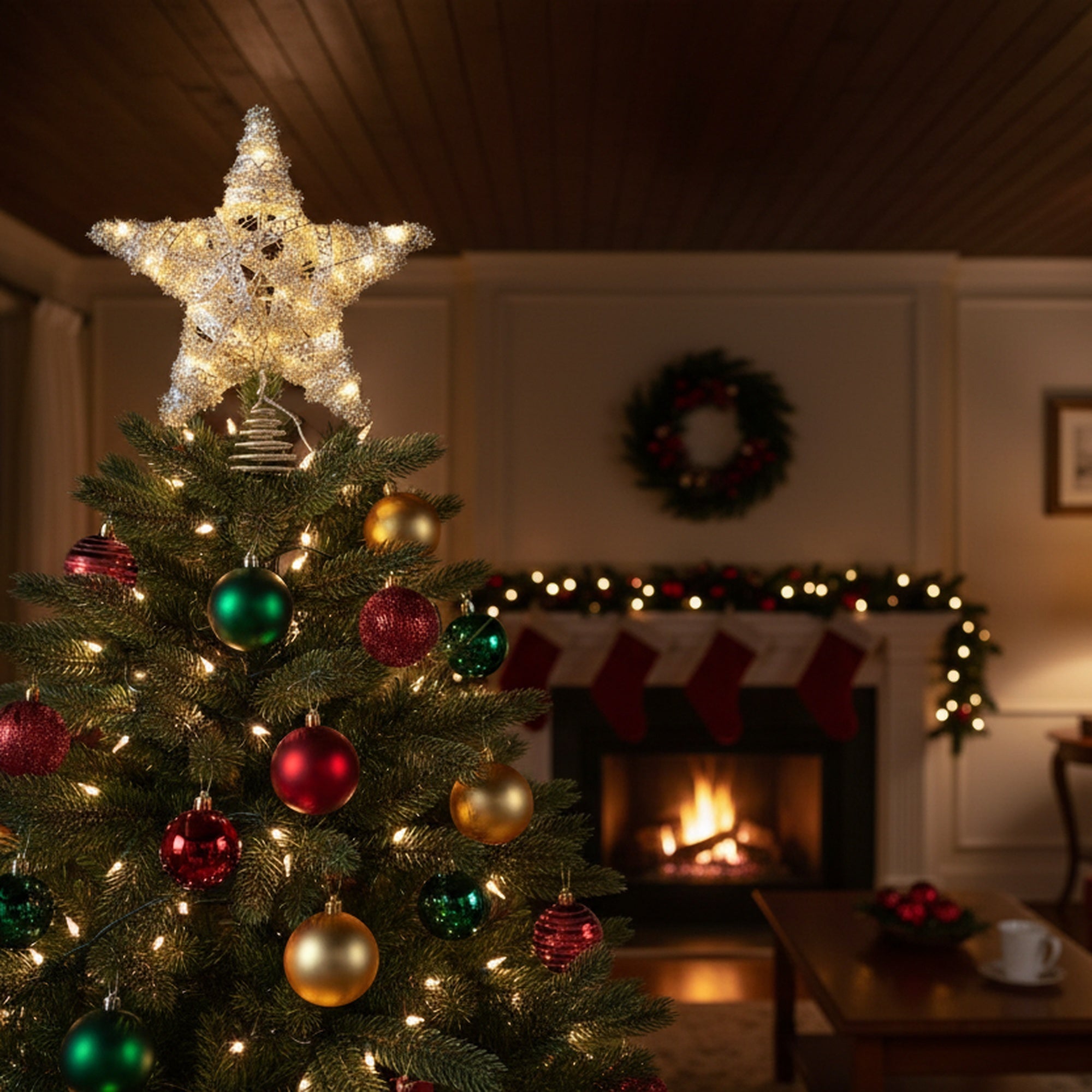 LED Silver Tinsel Star Tree Topper 14", Tinsel Decor, Holiday Decor