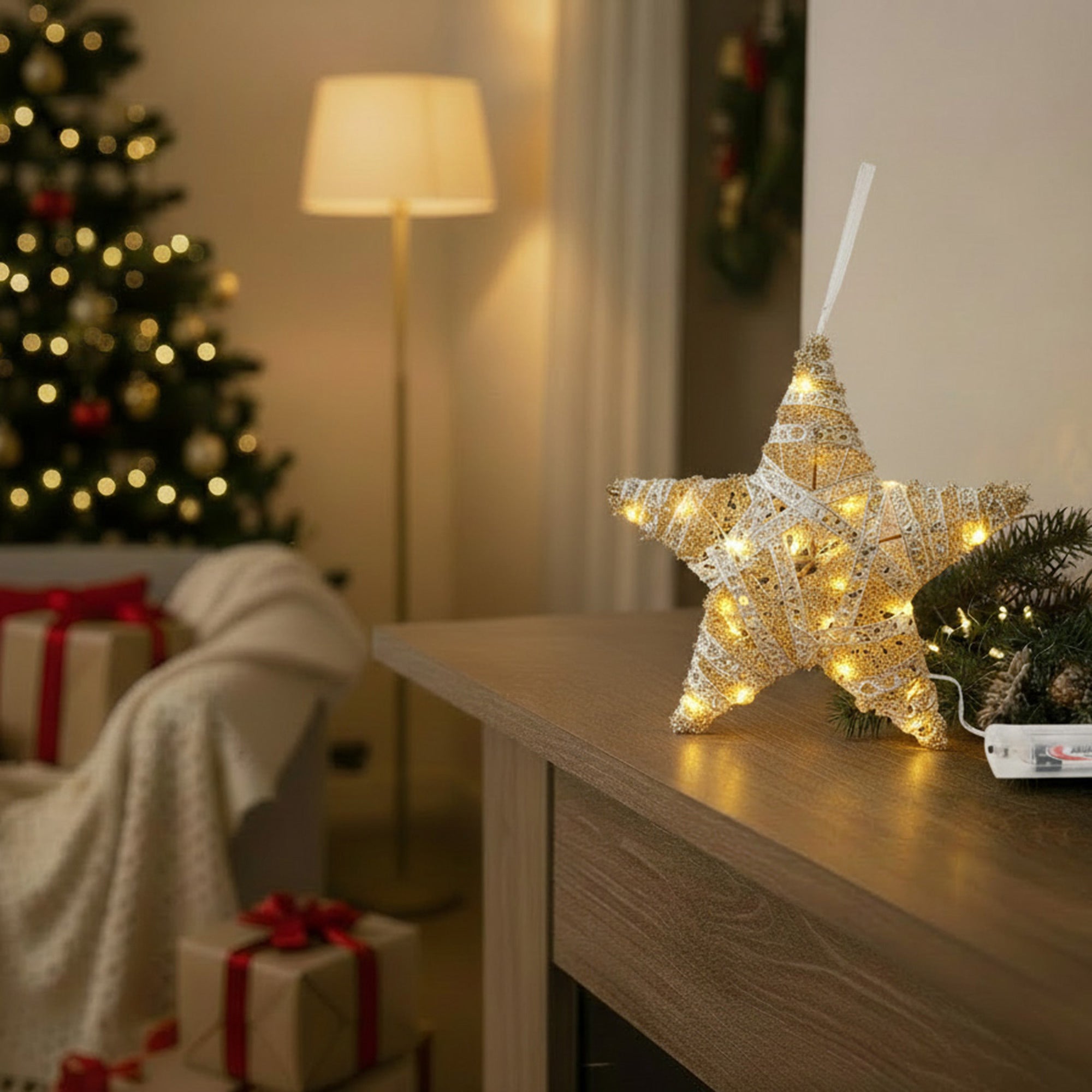 LED Silver Tinsel Star 10", Tinsel Decor, Holiday Decor
