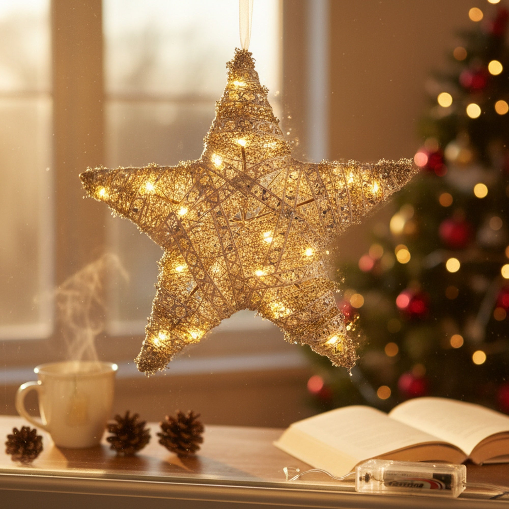 LED Silver Tinsel Star 10", Tinsel Decor, Holiday Decor