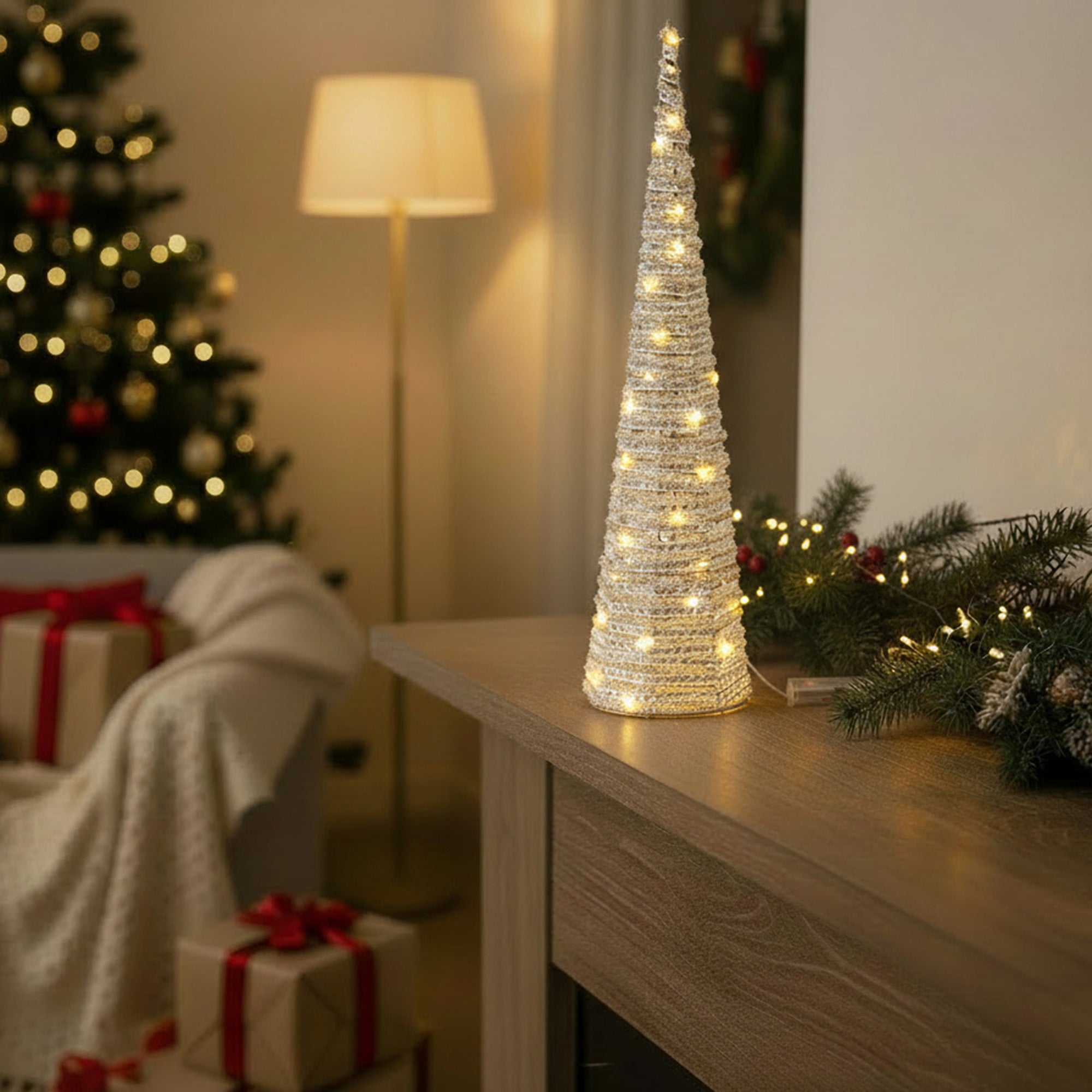 LED Silver Tinsel Cone Tree 31.5", Tinsel Decor, Holiday Decor