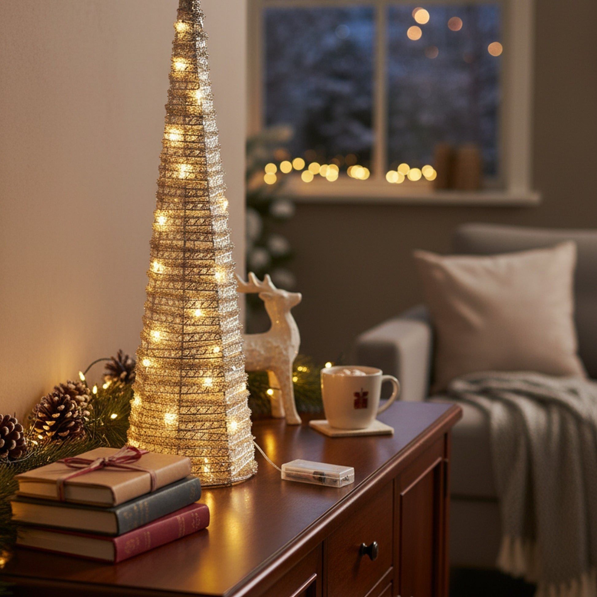 LED Silver Tinsel Cone Tree 31.5", Tinsel Decor, Holiday Decor