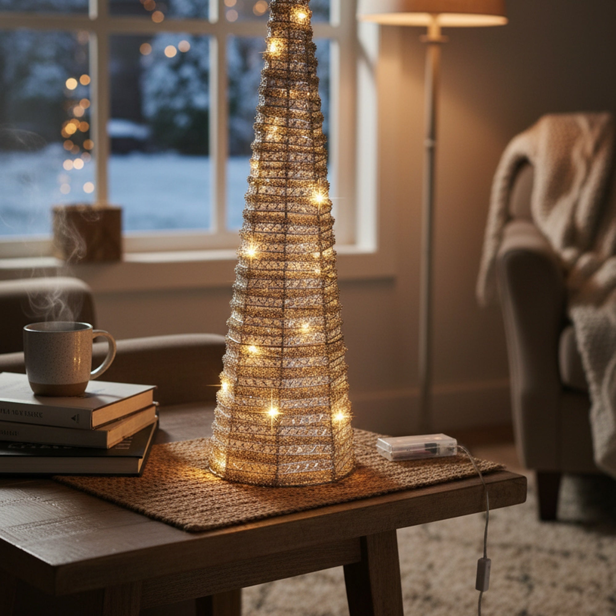 LED Silver Tinsel Cone Tree 31.5", Tinsel Decor, Holiday Decor