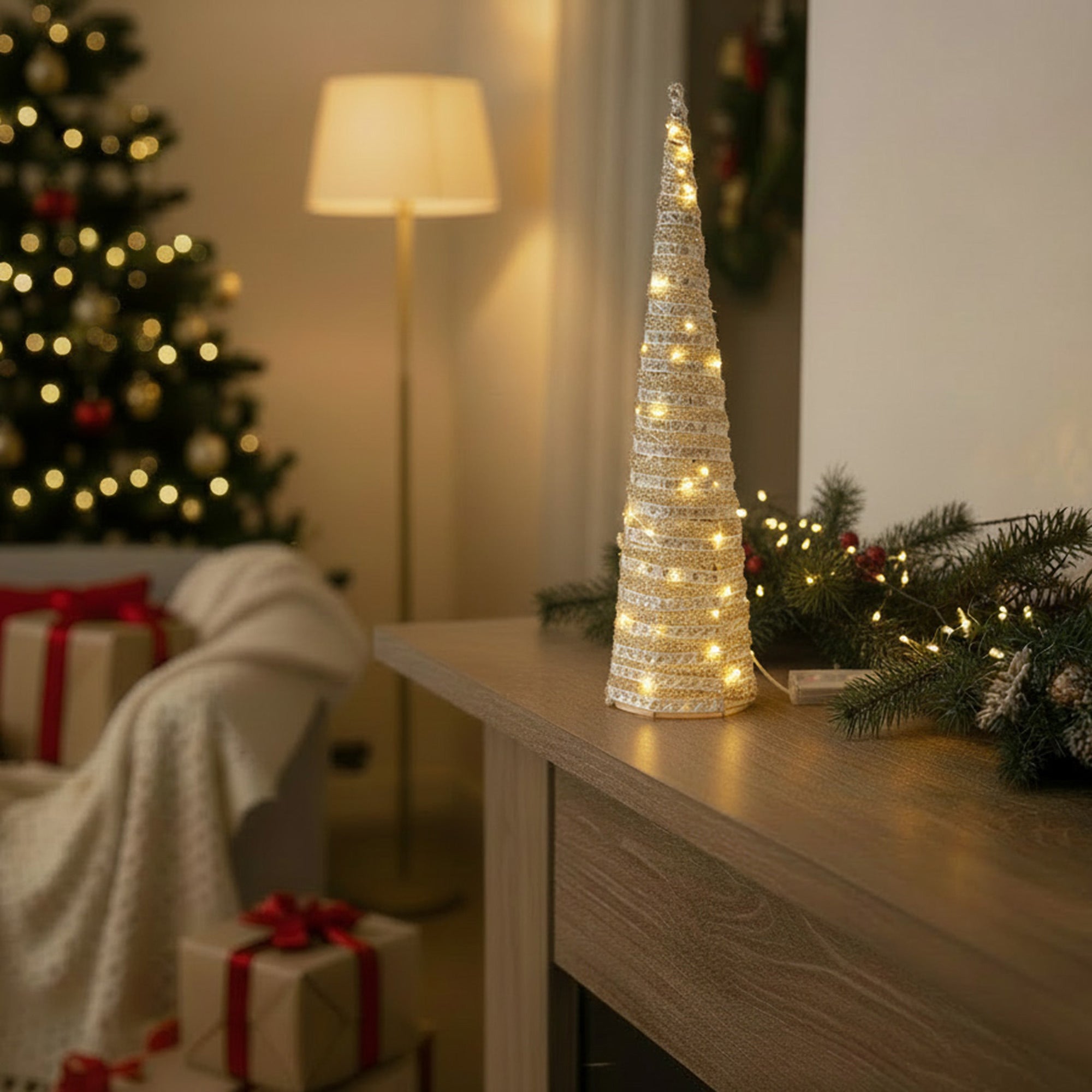 LED Silver Tinsel Cone Tree 23.6", Tinsel Decor, Holiday Decor