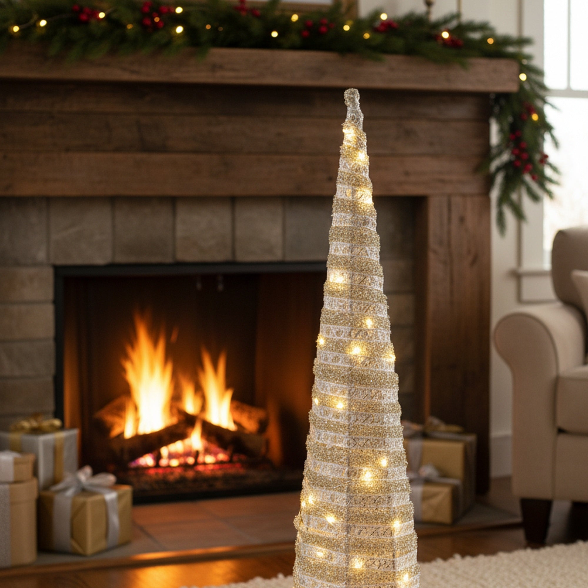 LED Silver Tinsel Cone Tree 23.6", Tinsel Decor, Holiday Decor