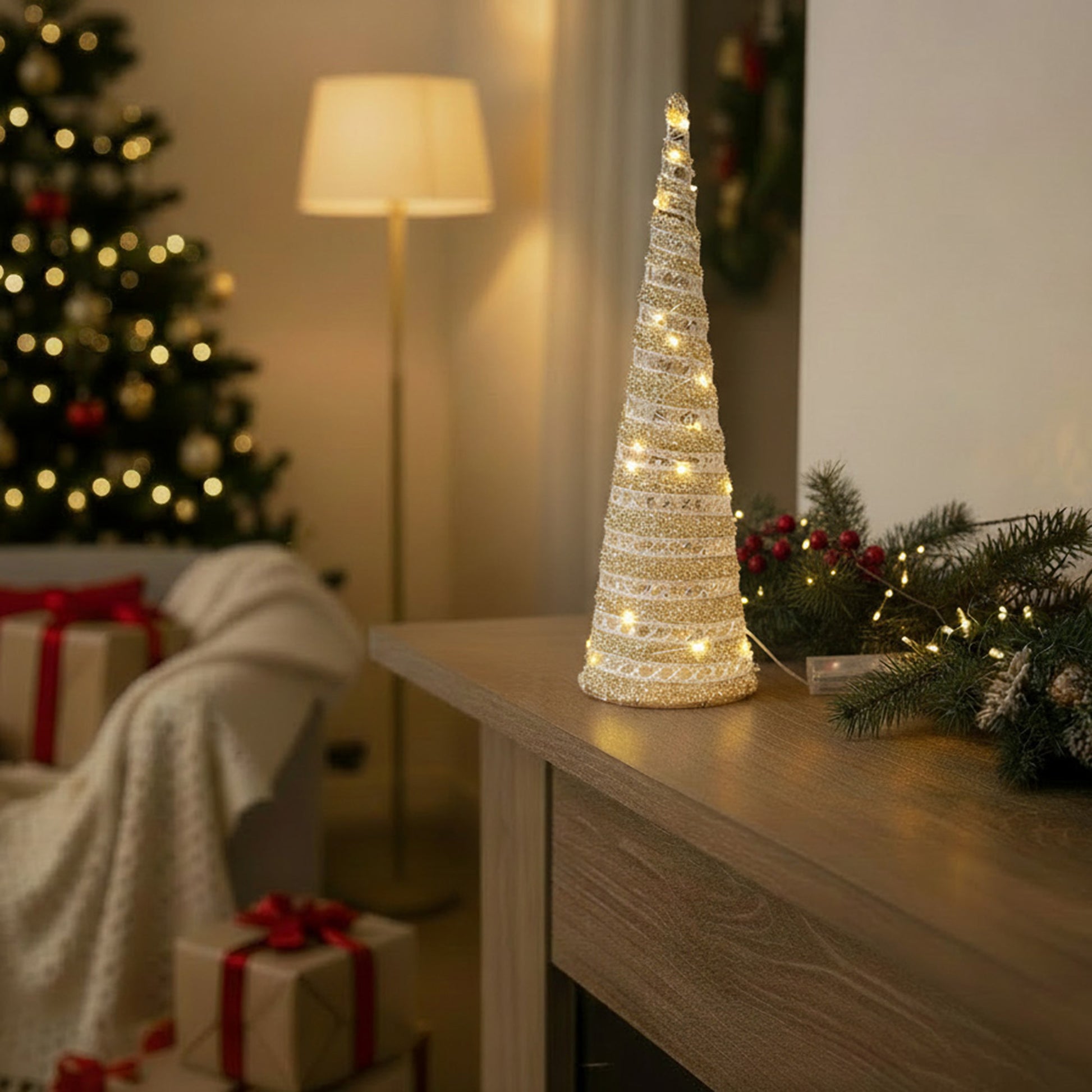 LED Silver Tinsel Cone Tree 15.75", Tinsel Decor, Holiday Decor