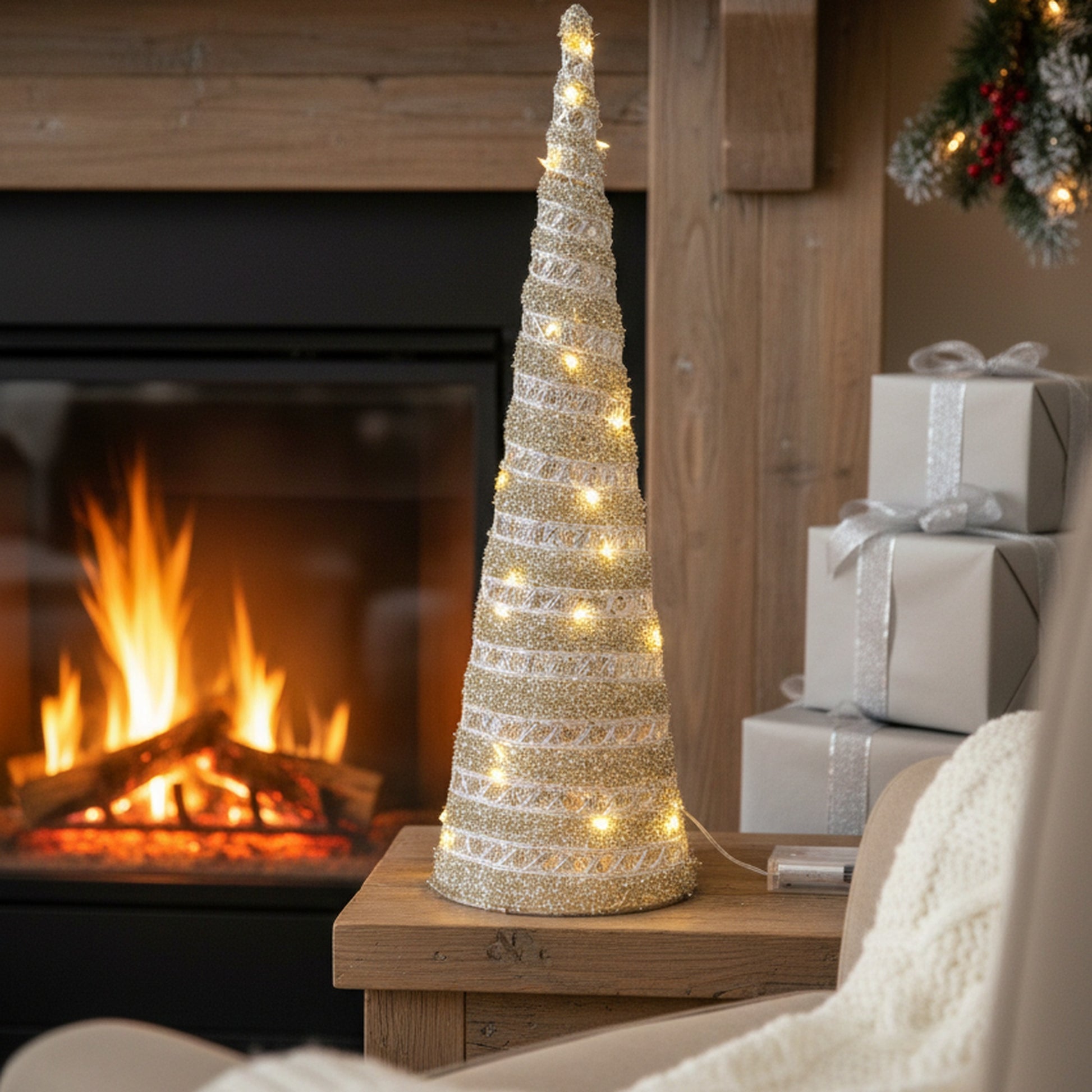LED Silver Tinsel Cone Tree 15.75", Tinsel Decor, Holiday Decor