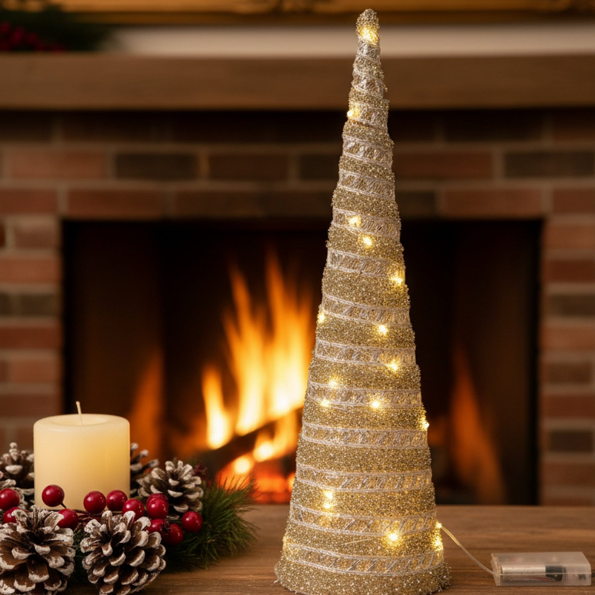 LED Silver Tinsel Cone Tree 15.75", Tinsel Decor, Holiday Decor