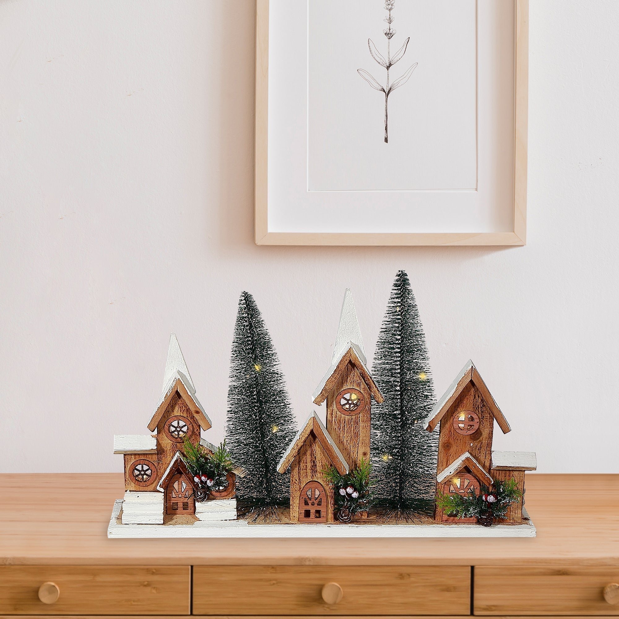 12.01" LED Triple Wooden House Brown – Christmas Table Decor