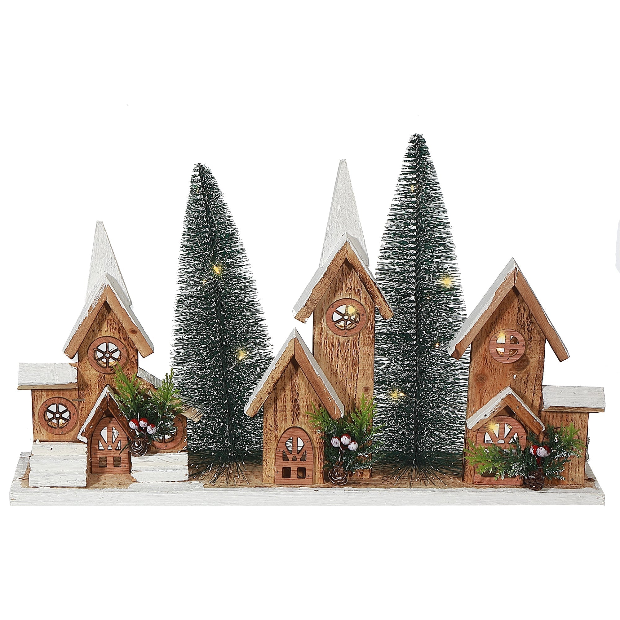 12.01" LED Triple Wooden House Brown – Christmas Table Decor
