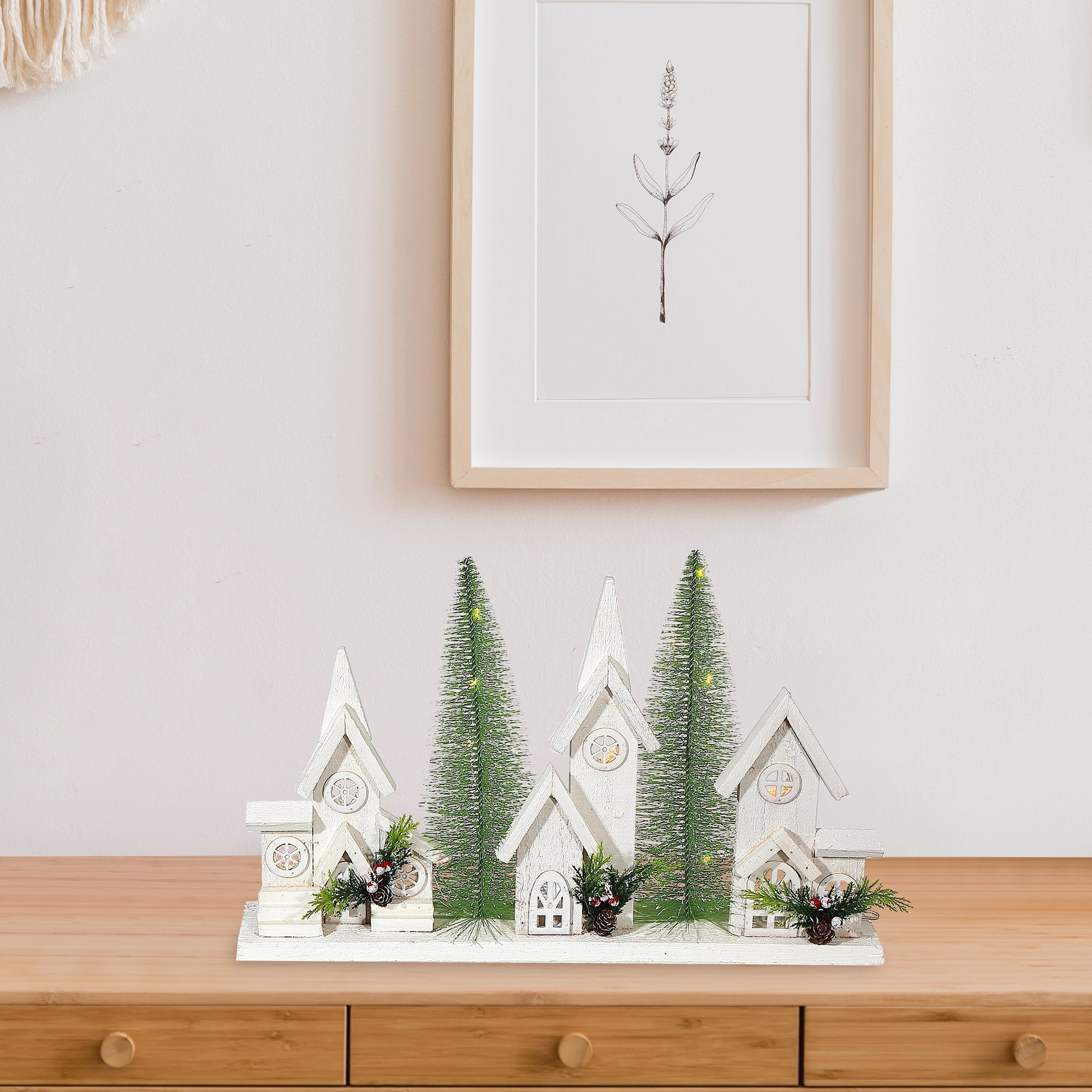 12.01" LED Triple Wooden House White – Christmas Table Decor