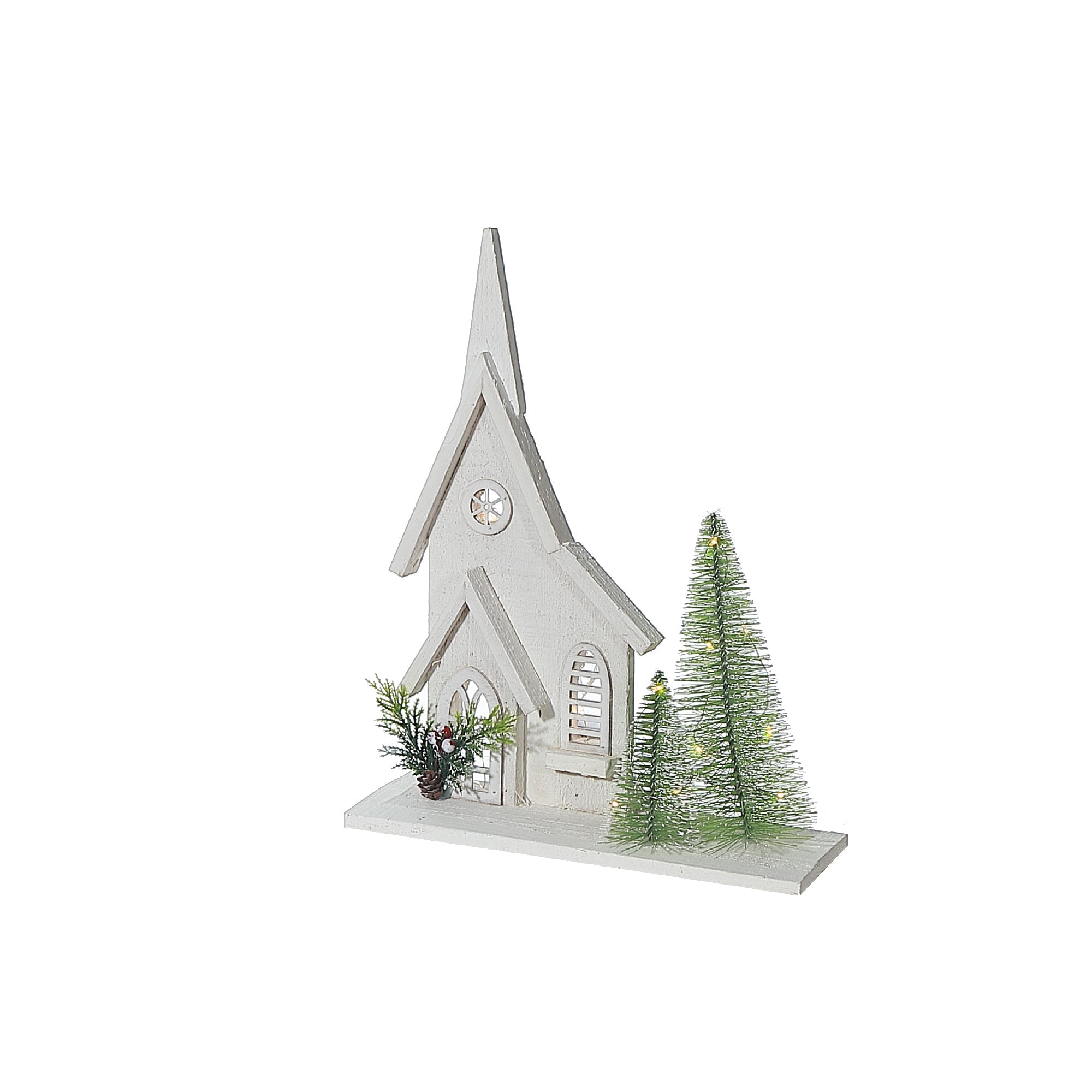 13.78" LED White Wooden Church Christmas Decor – Holiday Accent