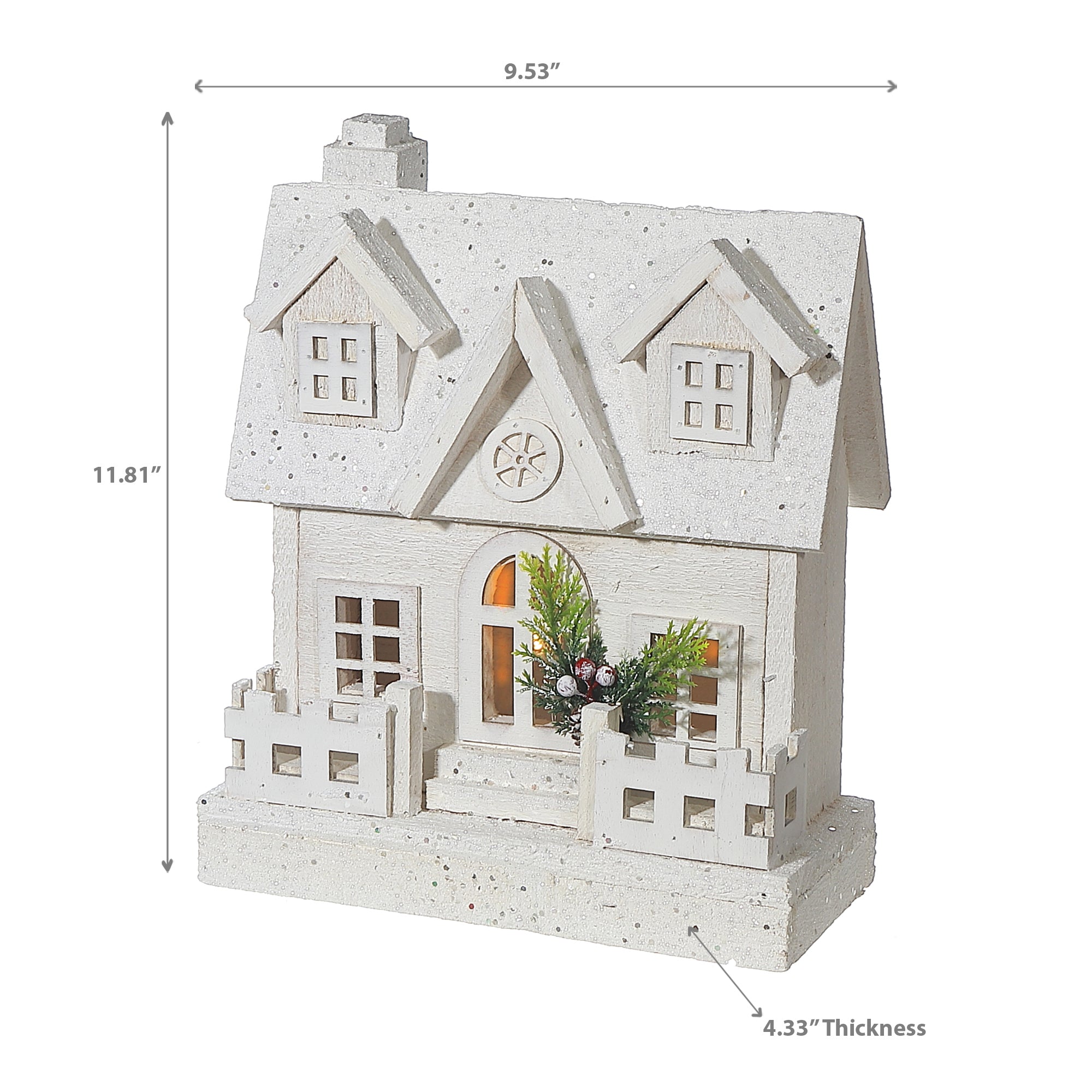 11.81" LED White Wooden House with Fence – Christmas Table Decor
