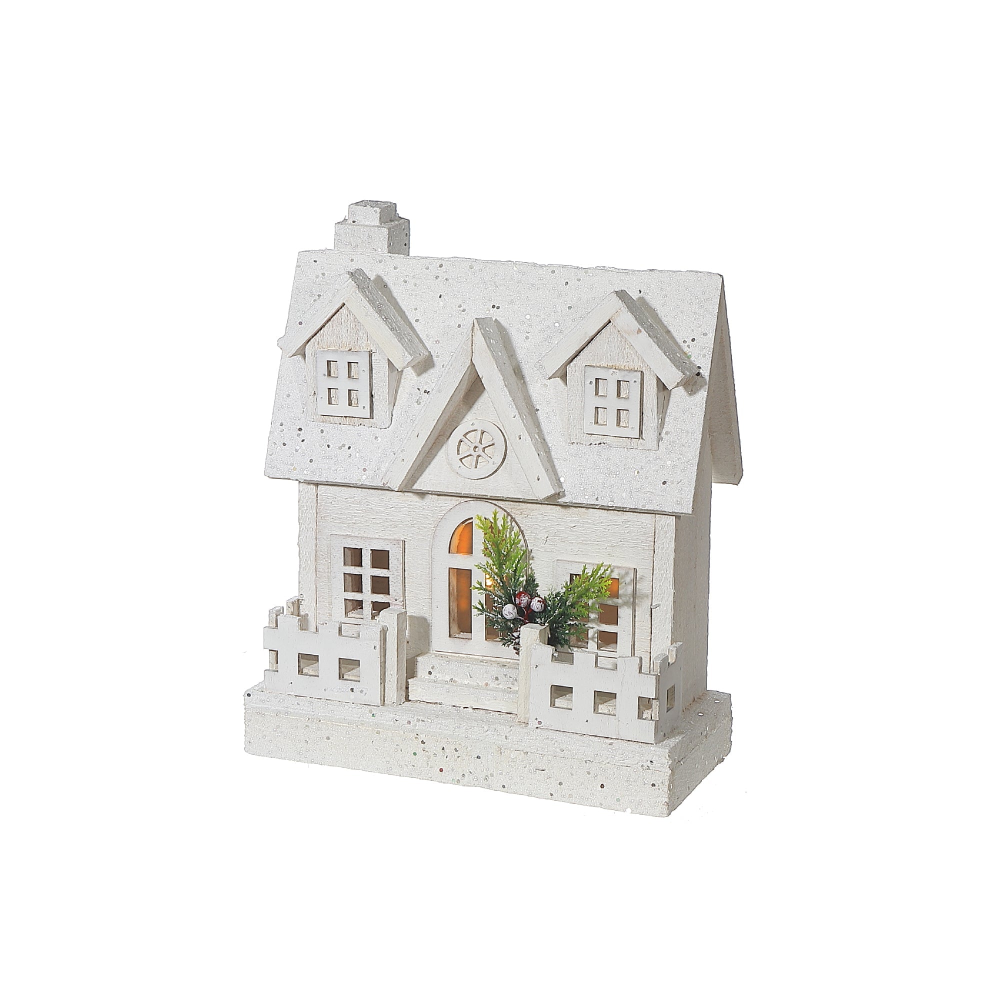 11.81" LED White Wooden House with Fence – Christmas Table Decor