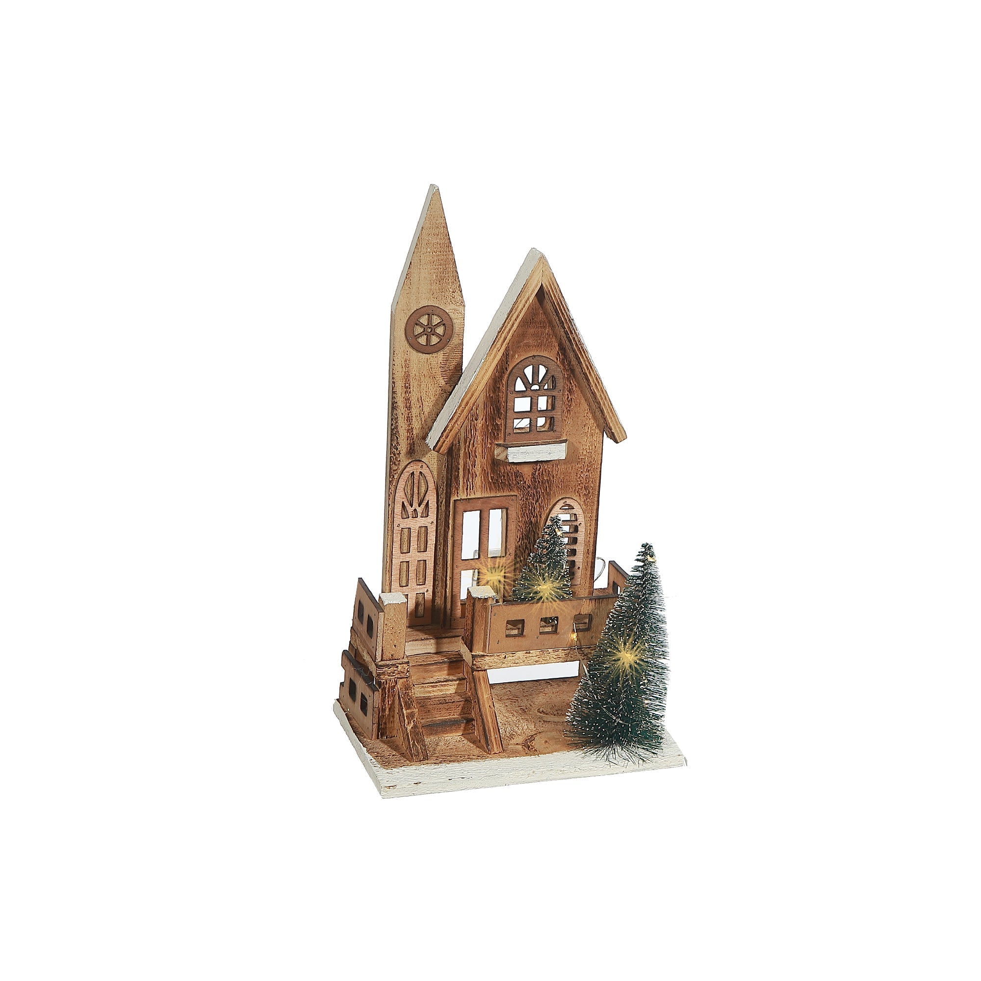 LED Natural Wooden Church with Porch – Christmas Tabletop Decoration, Holiday Home Accent, Festive Winter Decor
