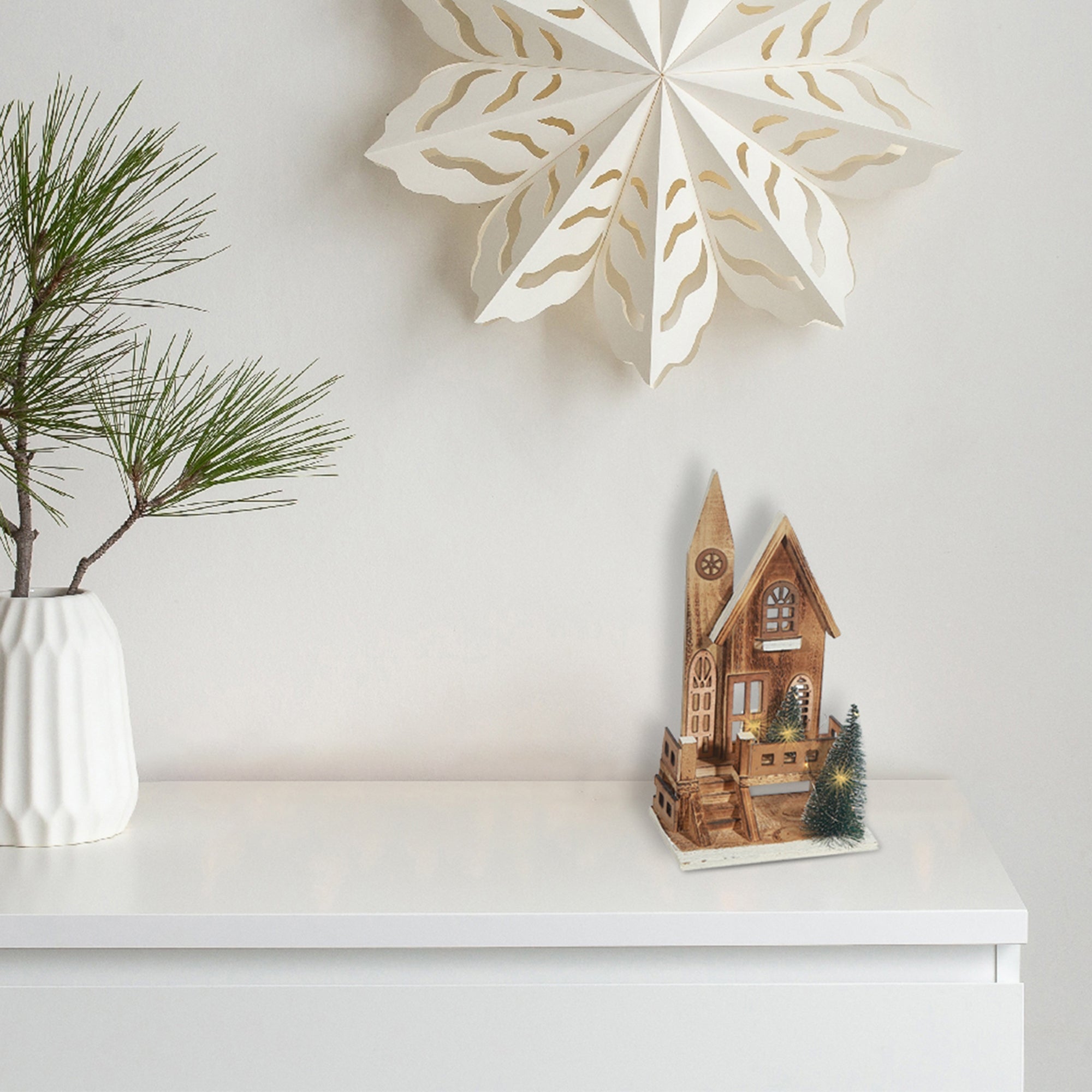LED Natural Wooden Church with Porch – Christmas Tabletop Decoration, Holiday Home Accent, Festive Winter Decor