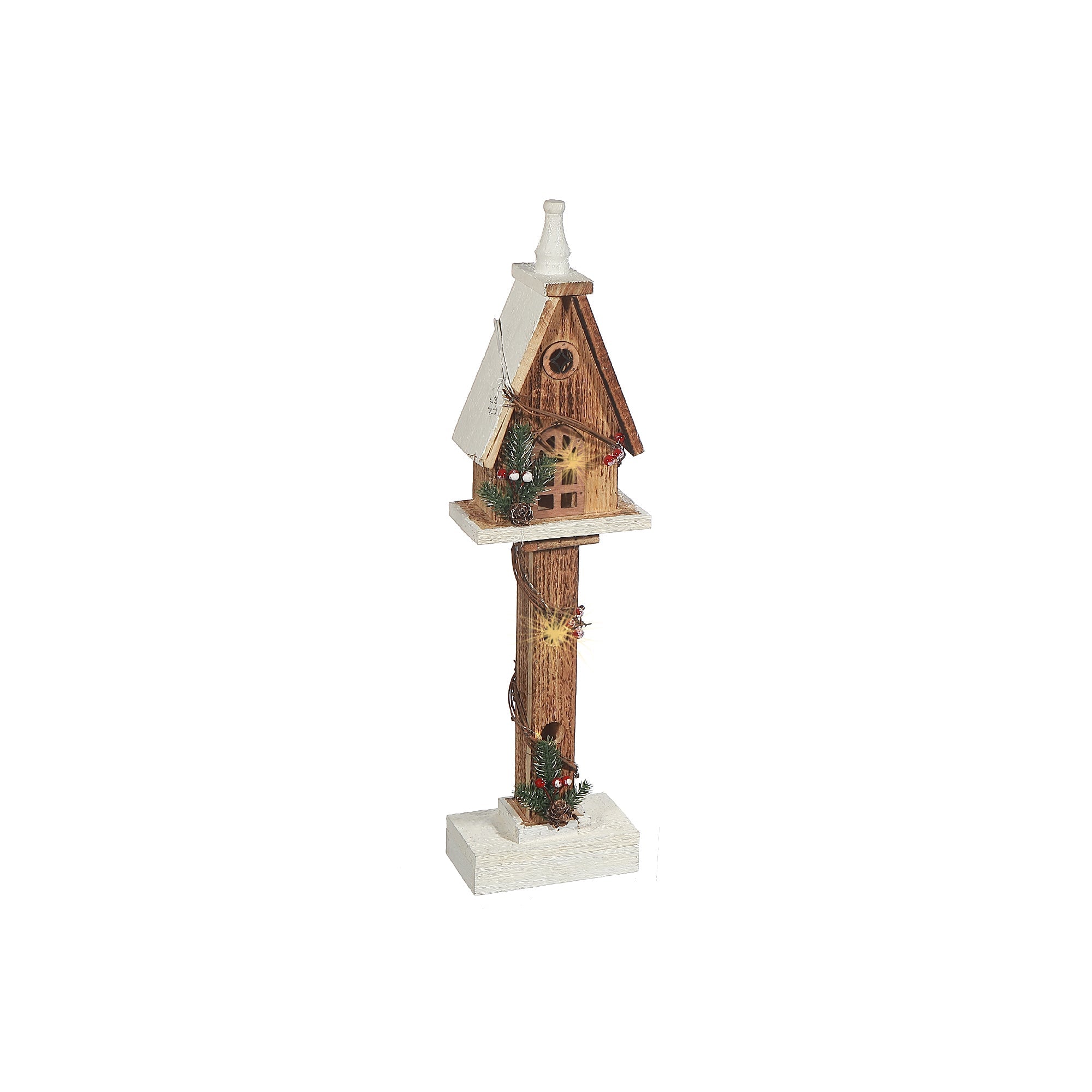 LED Natural Wooden Birdhouse Post – Christmas Tabletop Decoration, Holiday Home Accent, Festive Winter Decor