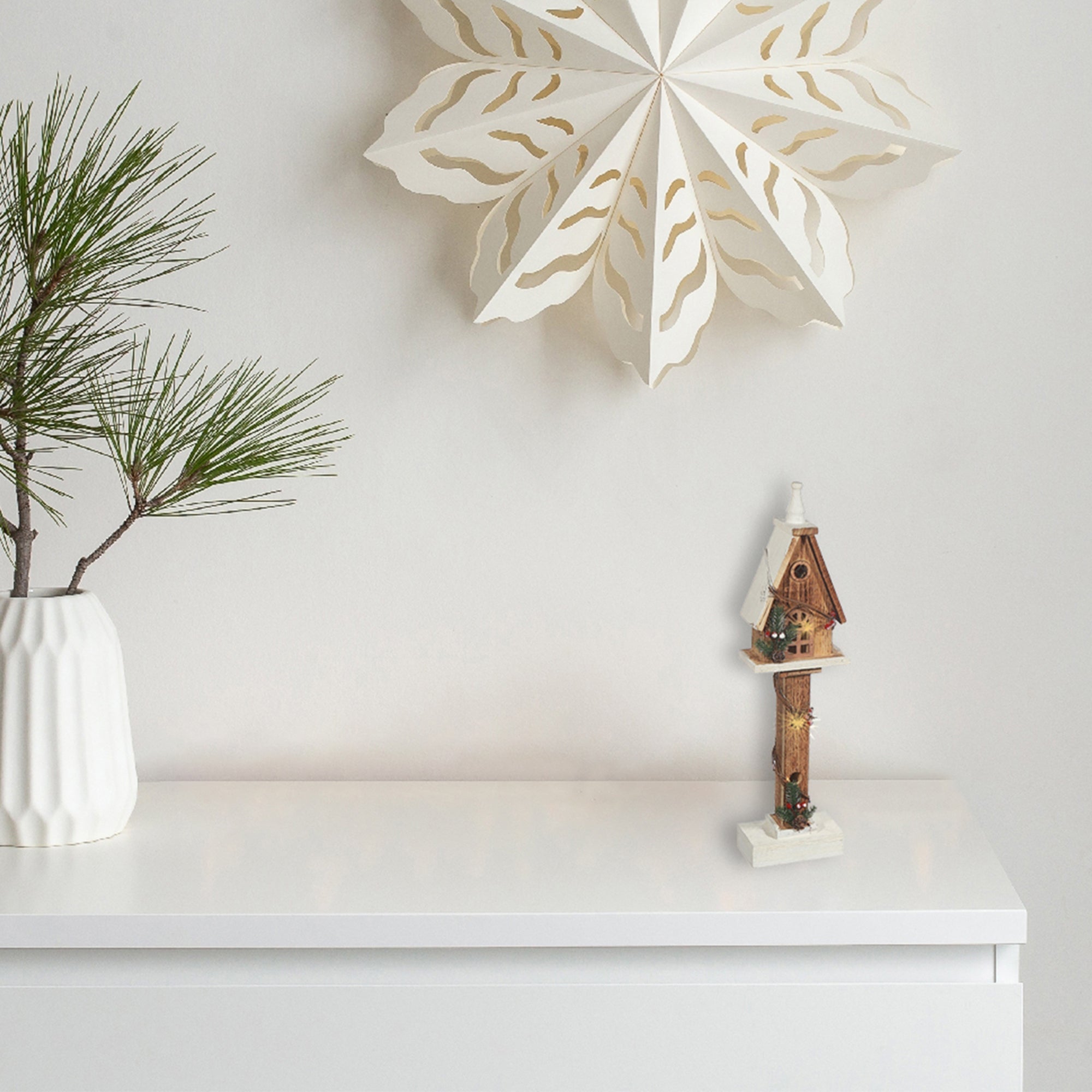 LED Natural Wooden Birdhouse Post – Christmas Tabletop Decoration, Holiday Home Accent, Festive Winter Decor