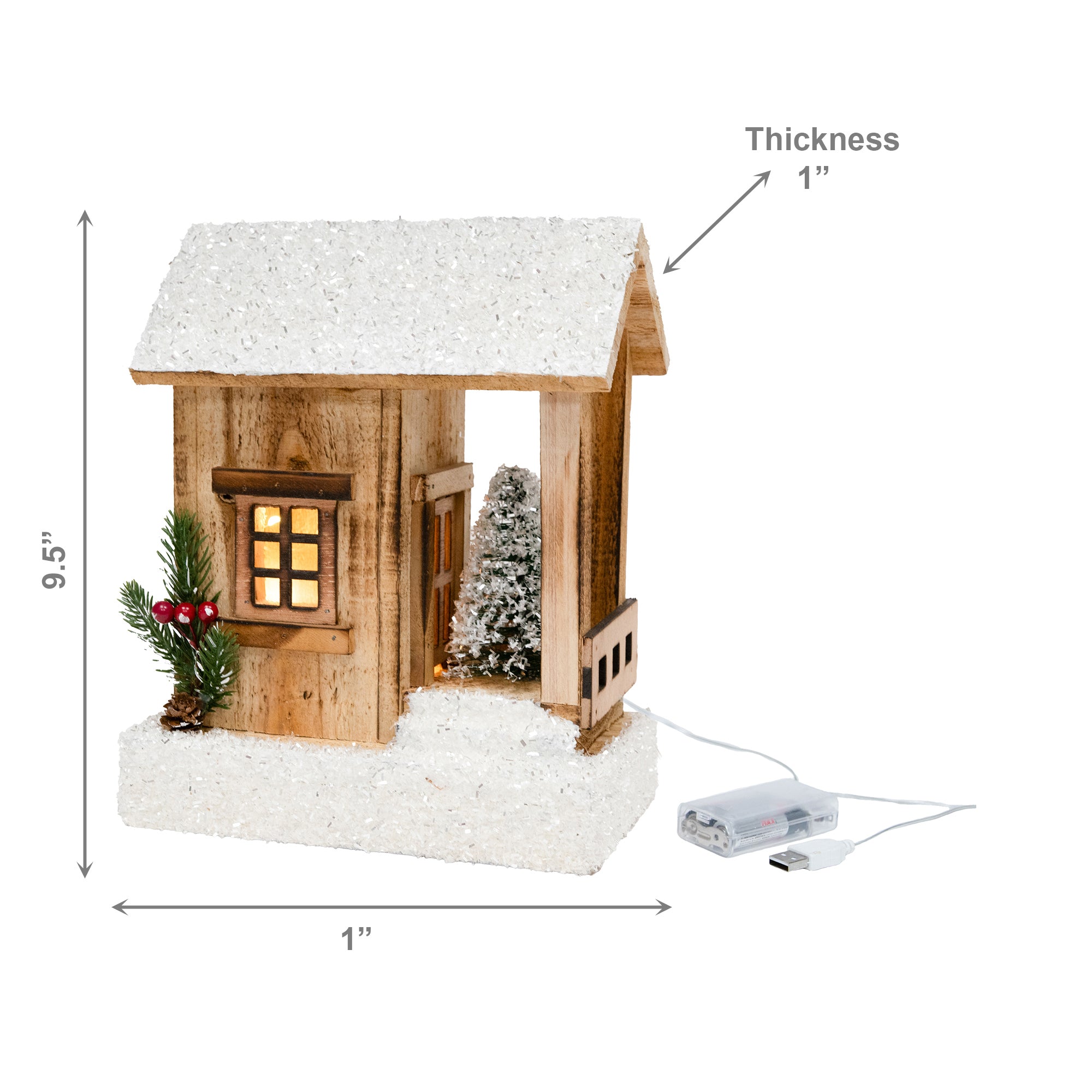LED Snow Covered Natural Wooden Cabin with Pine Tree With Timer, Christmas, Holiday Decor