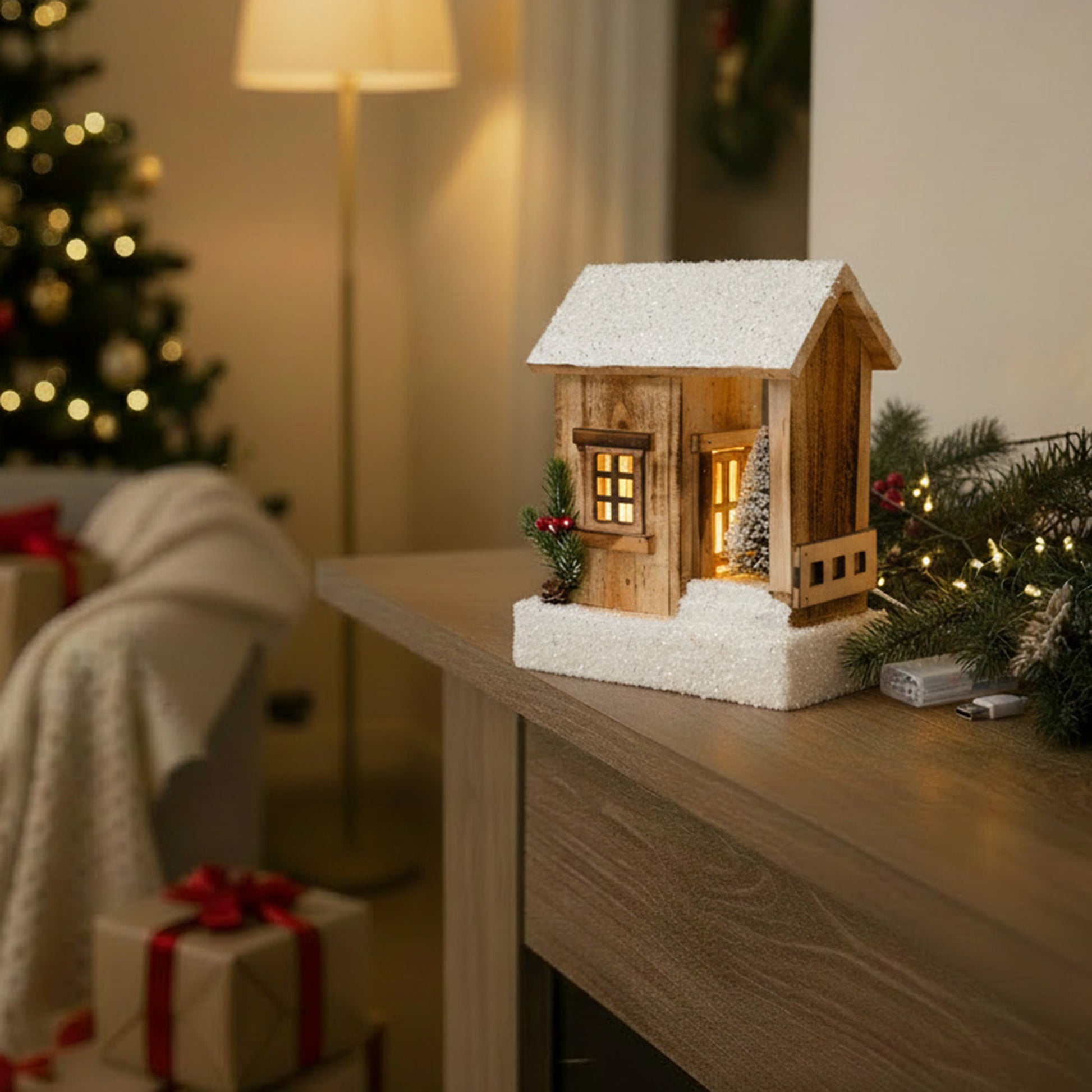 LED Snow Covered Natural Wooden Cabin with Pine Tree With Timer, Christmas, Holiday Decor