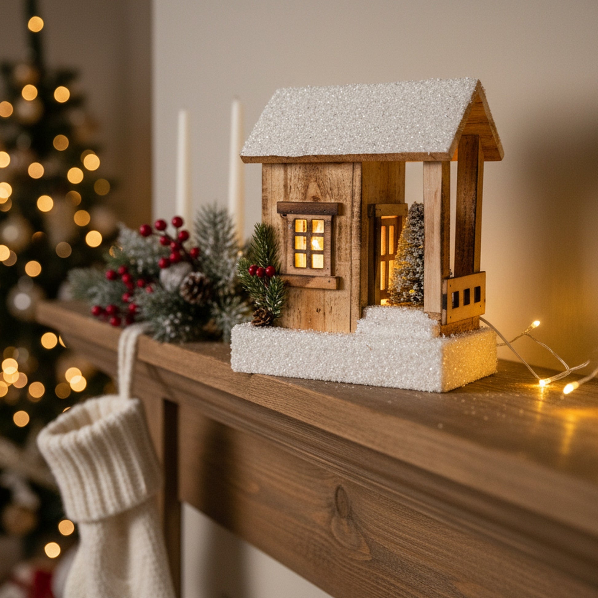 LED Snow Covered Natural Wooden Cabin with Pine Tree With Timer, Christmas, Holiday Decor
