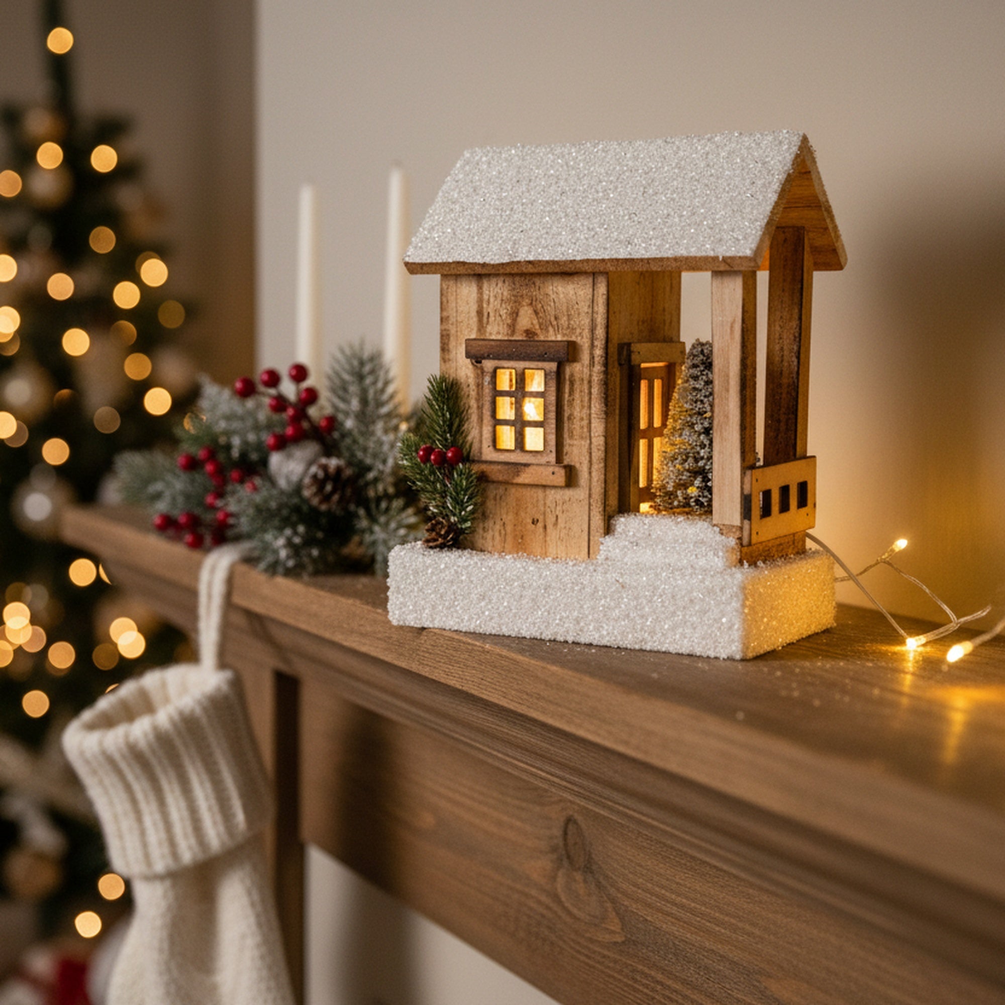 LED Snow Covered Natural Wooden Cabin with Pine Tree With Timer, Christmas, Holiday Decor