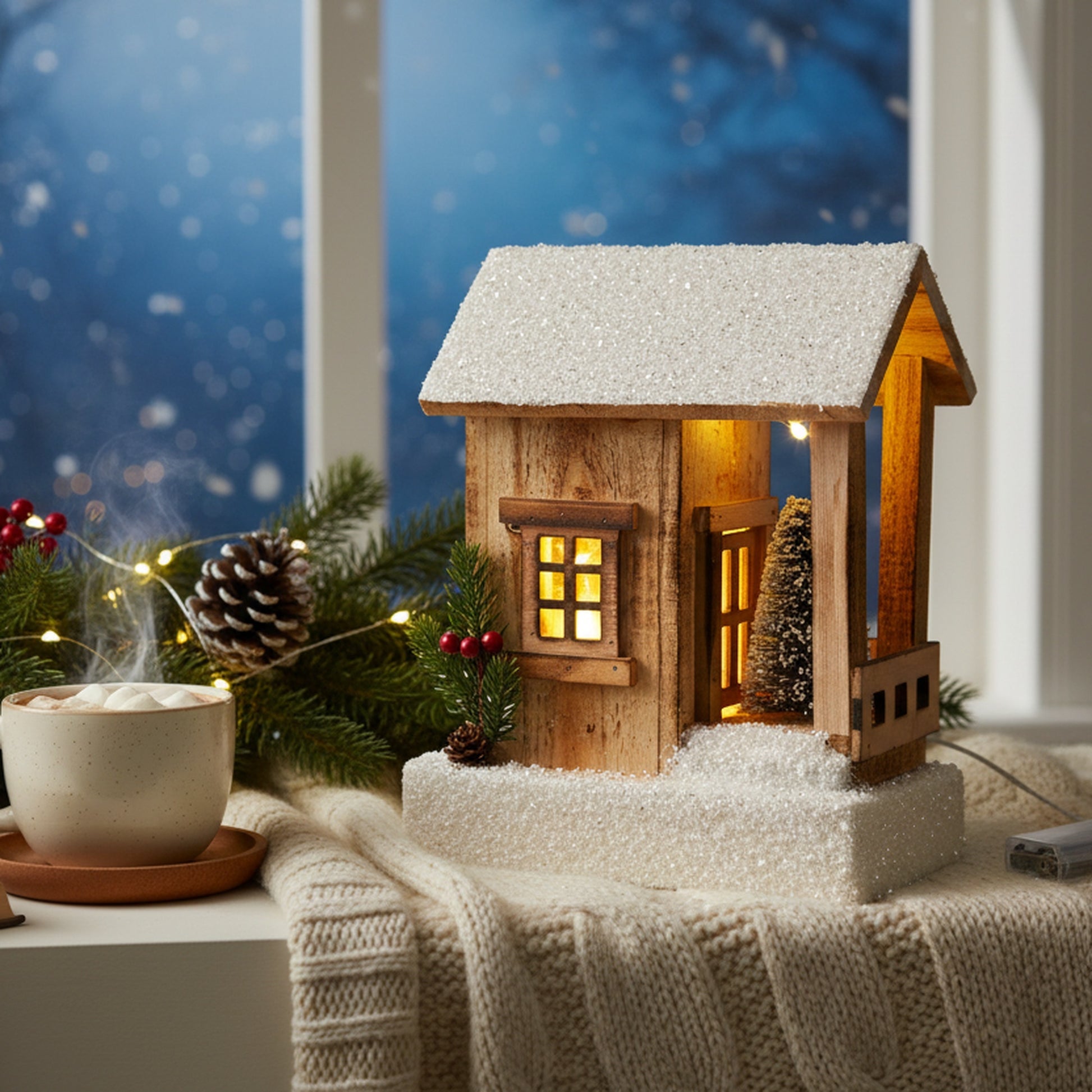 LED Snow Covered Natural Wooden Cabin with Pine Tree With Timer, Christmas, Holiday Decor