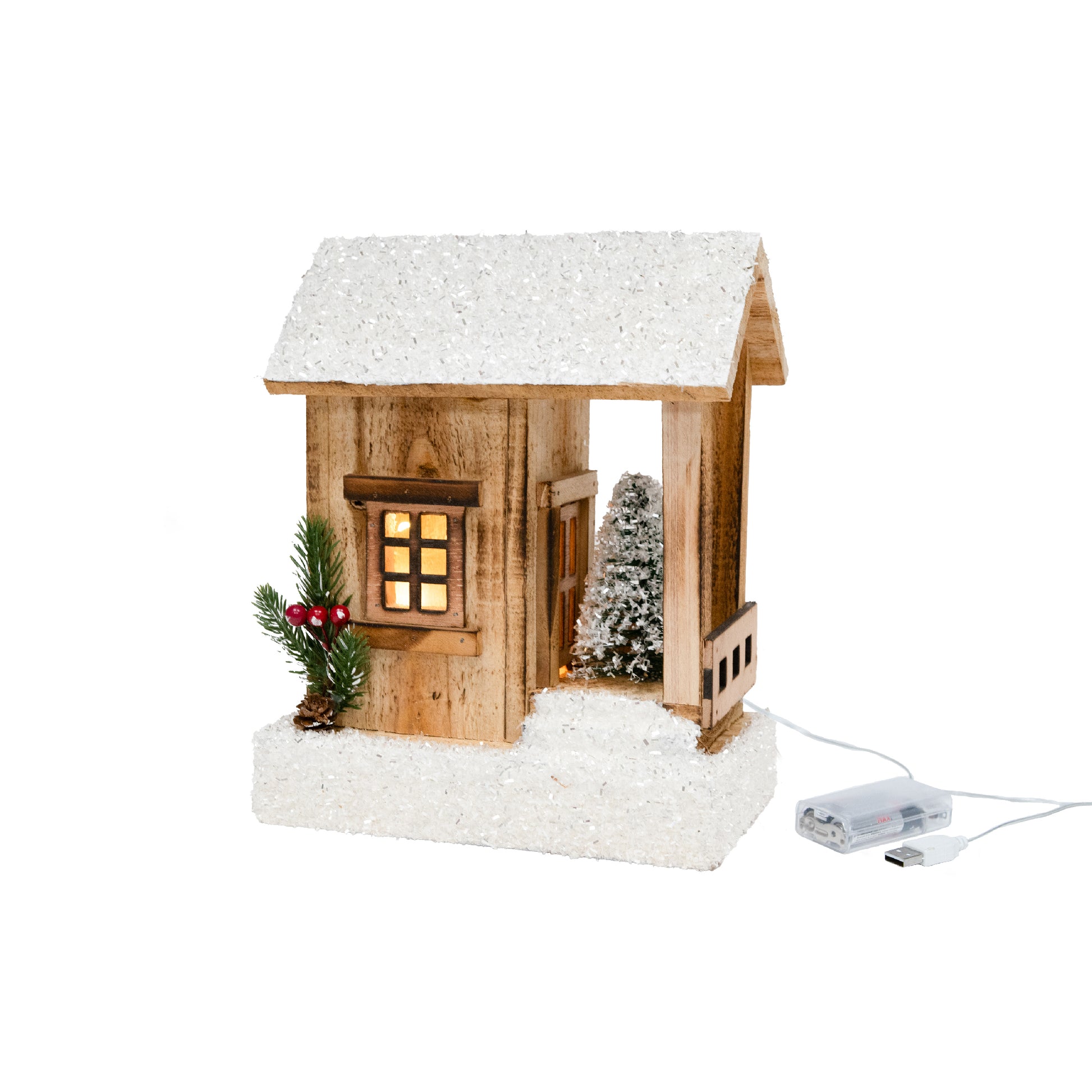 LED Snow Covered Natural Wooden Cabin with Pine Tree With Timer, Christmas, Holiday Decor