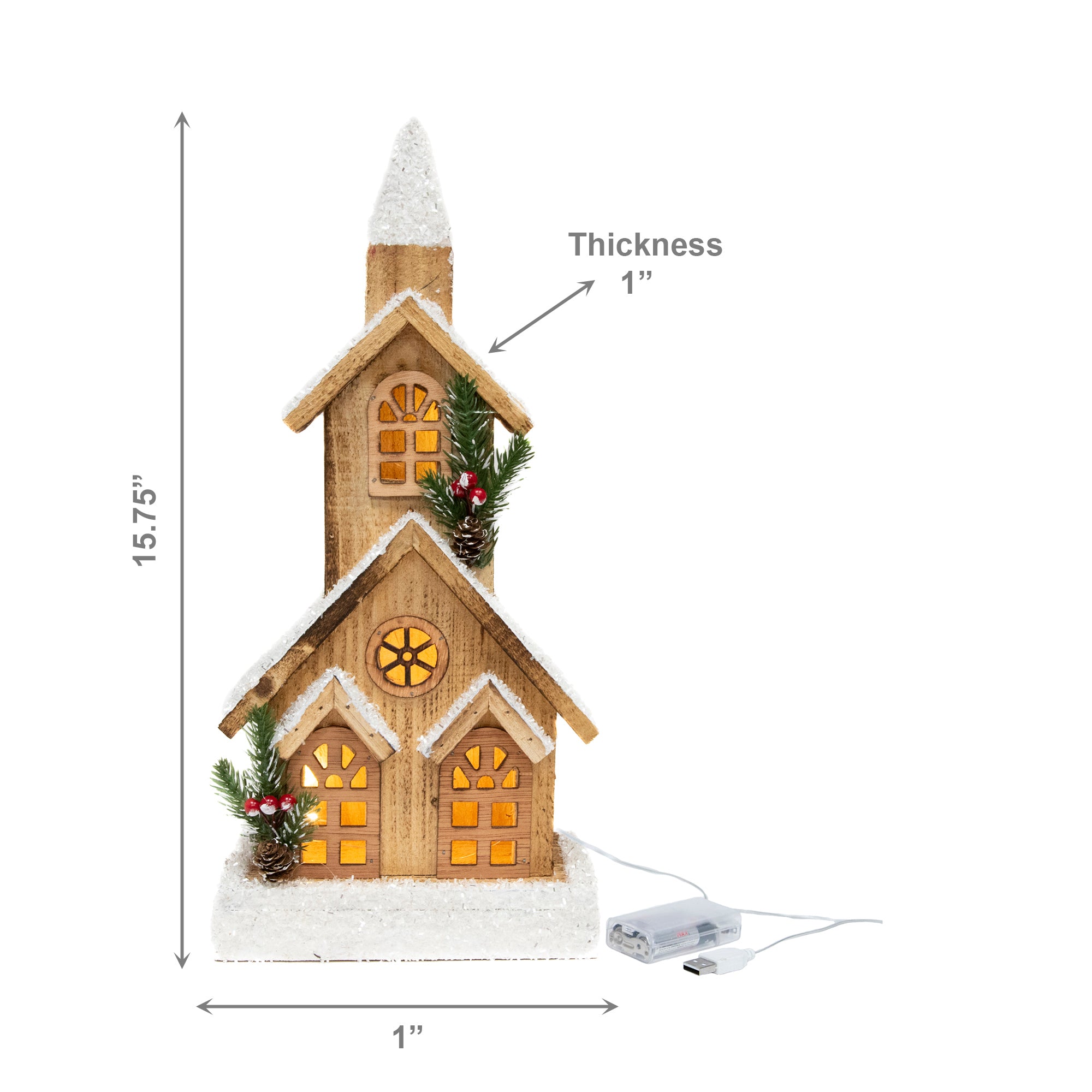 LED Snow Covered Natural Wooden Chapel With Timer, Winter, Holiday Decor