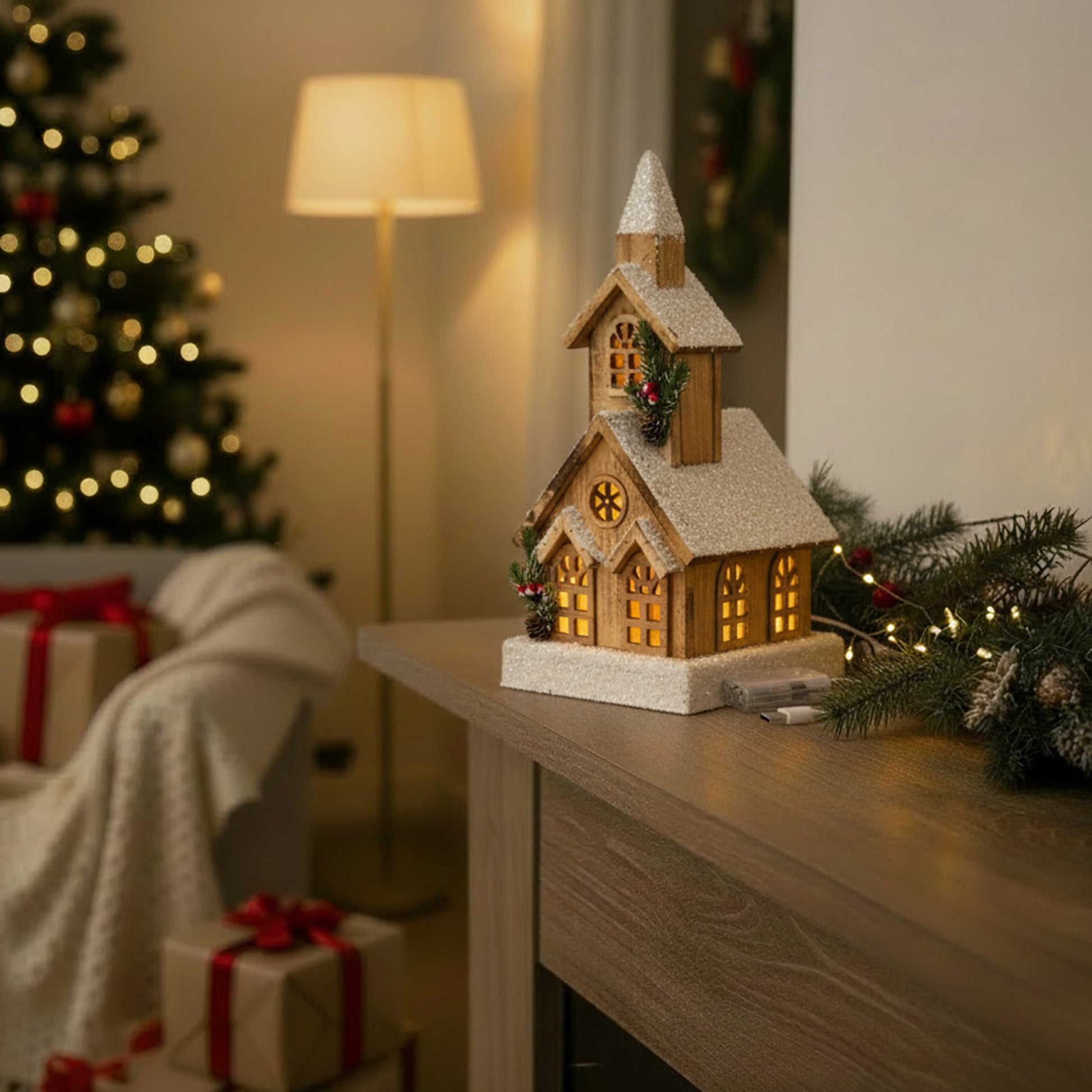 LED Snow Covered Natural Wooden Chapel With Timer, Winter, Holiday Decor